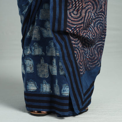 Blue - Bindaas Art Block Printed Natural Dyed Cotton Saree 11