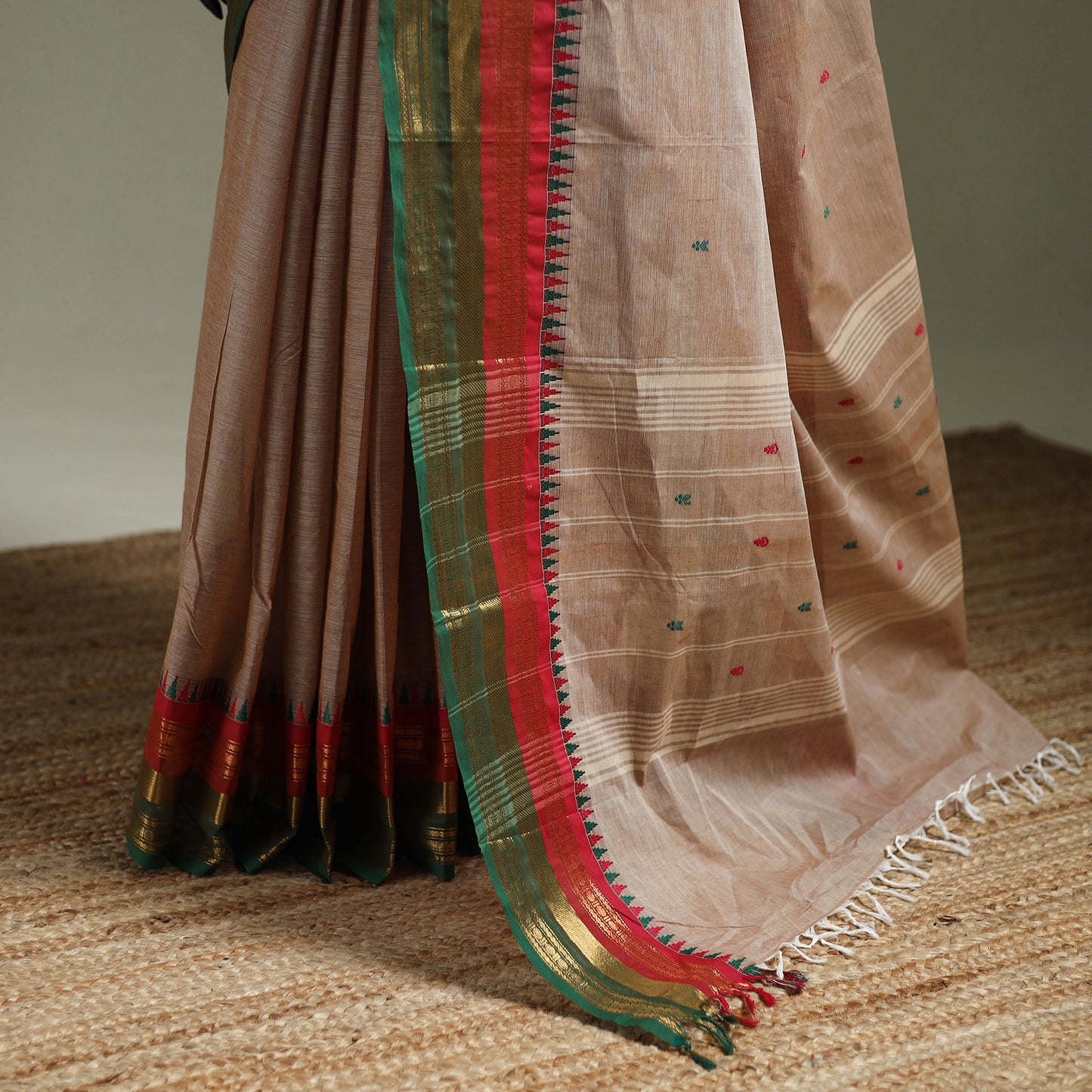 Beige - Kanchipuram Buti Cotton Saree with Border 01