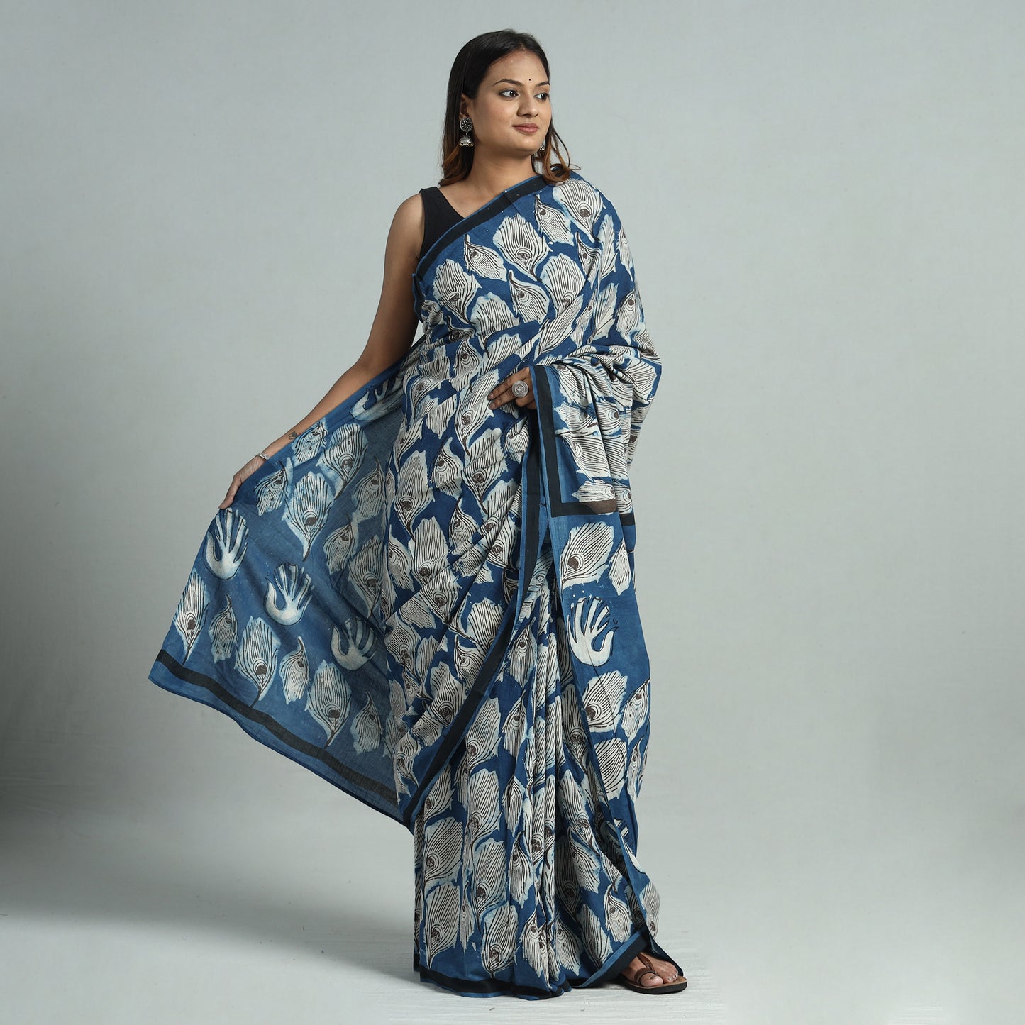 Blue - Bindaas Art Block Printed Natural Dyed Cotton Saree 04