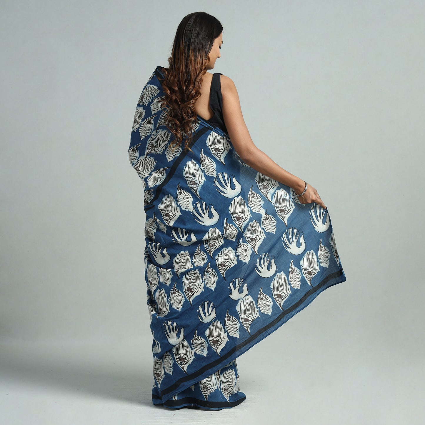 Blue - Bindaas Art Block Printed Natural Dyed Cotton Saree 04