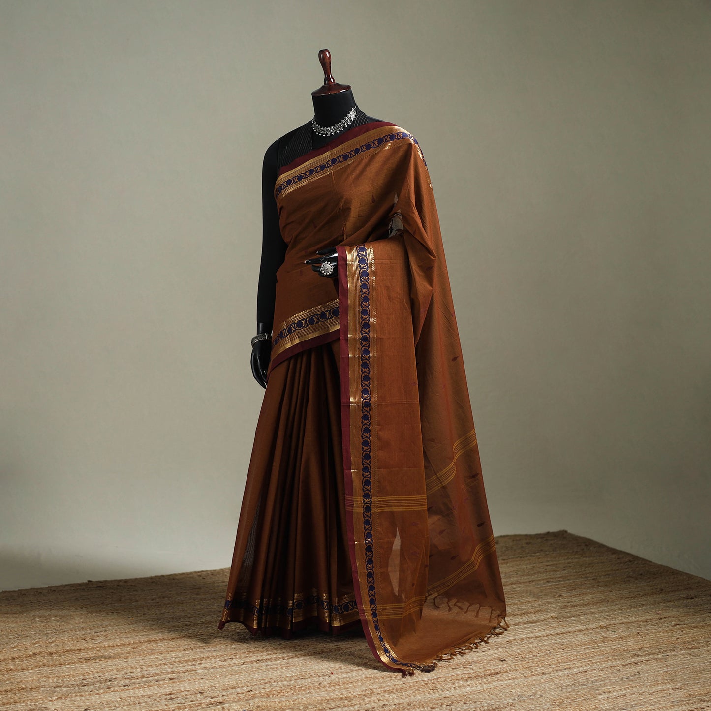 Brown - Kanchipuram Buti Cotton Saree with Border 09