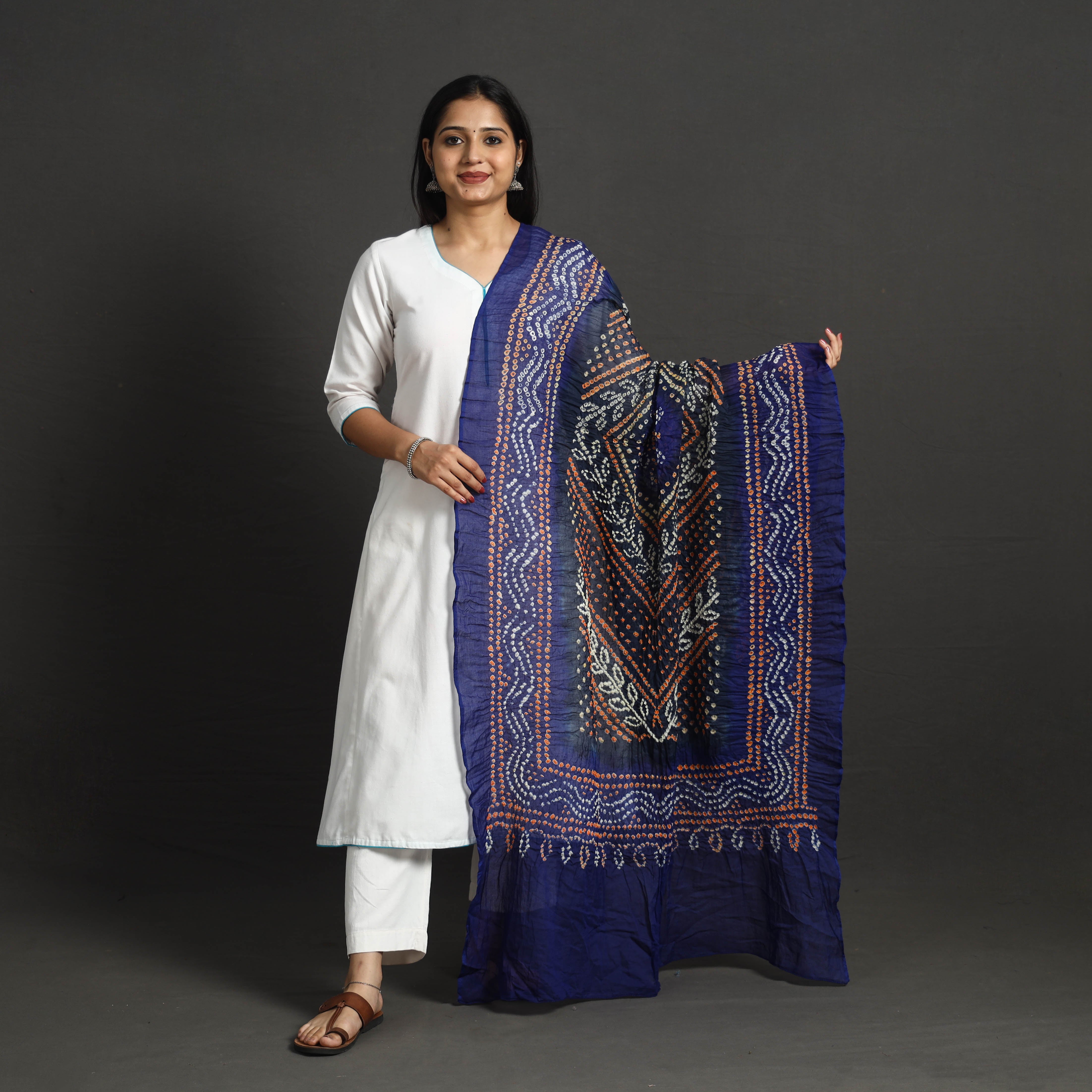 Piya Blue Cotton Bandhani Straight Embroidered Dupatta Set main image 0