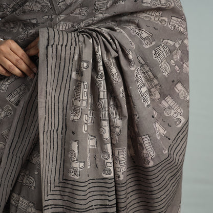 Grey - Bindaas Art Block Printed Natural Dyed Cotton Saree 14