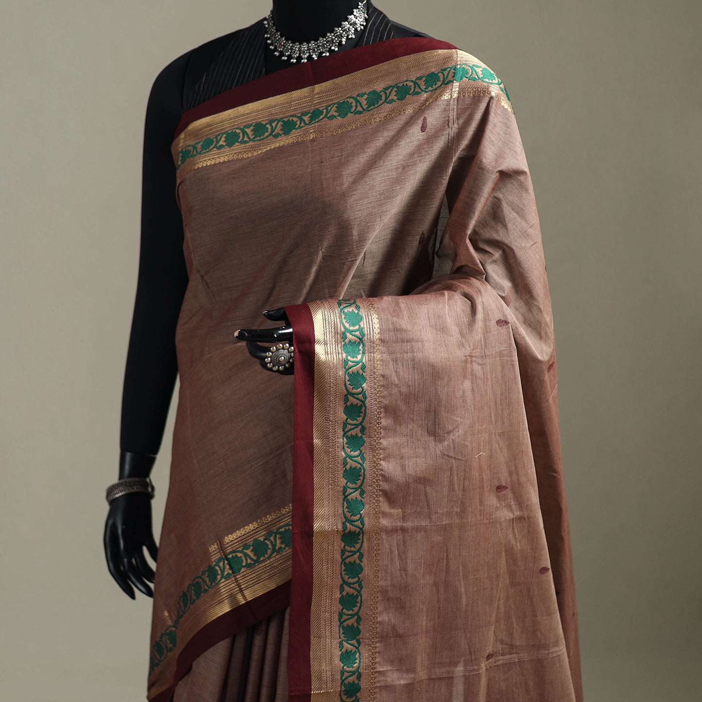 Brown - Kanchipuram Buti Cotton Saree with Border 15