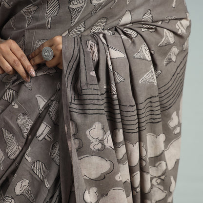 Grey - Bindaas Art Block Printed Natural Dyed Cotton Saree 12