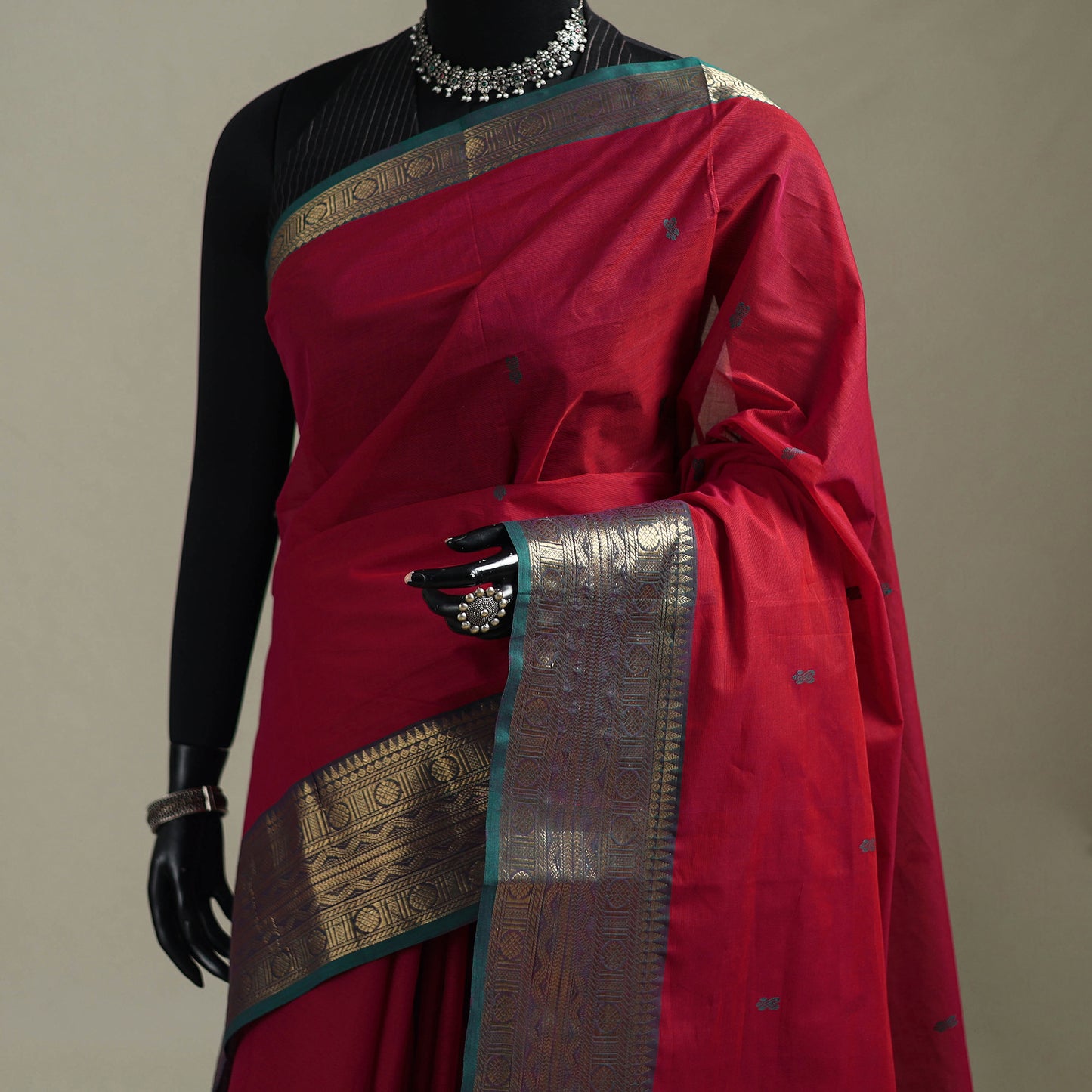 Red - Kanchipuram Buti Cotton Saree with Border 20