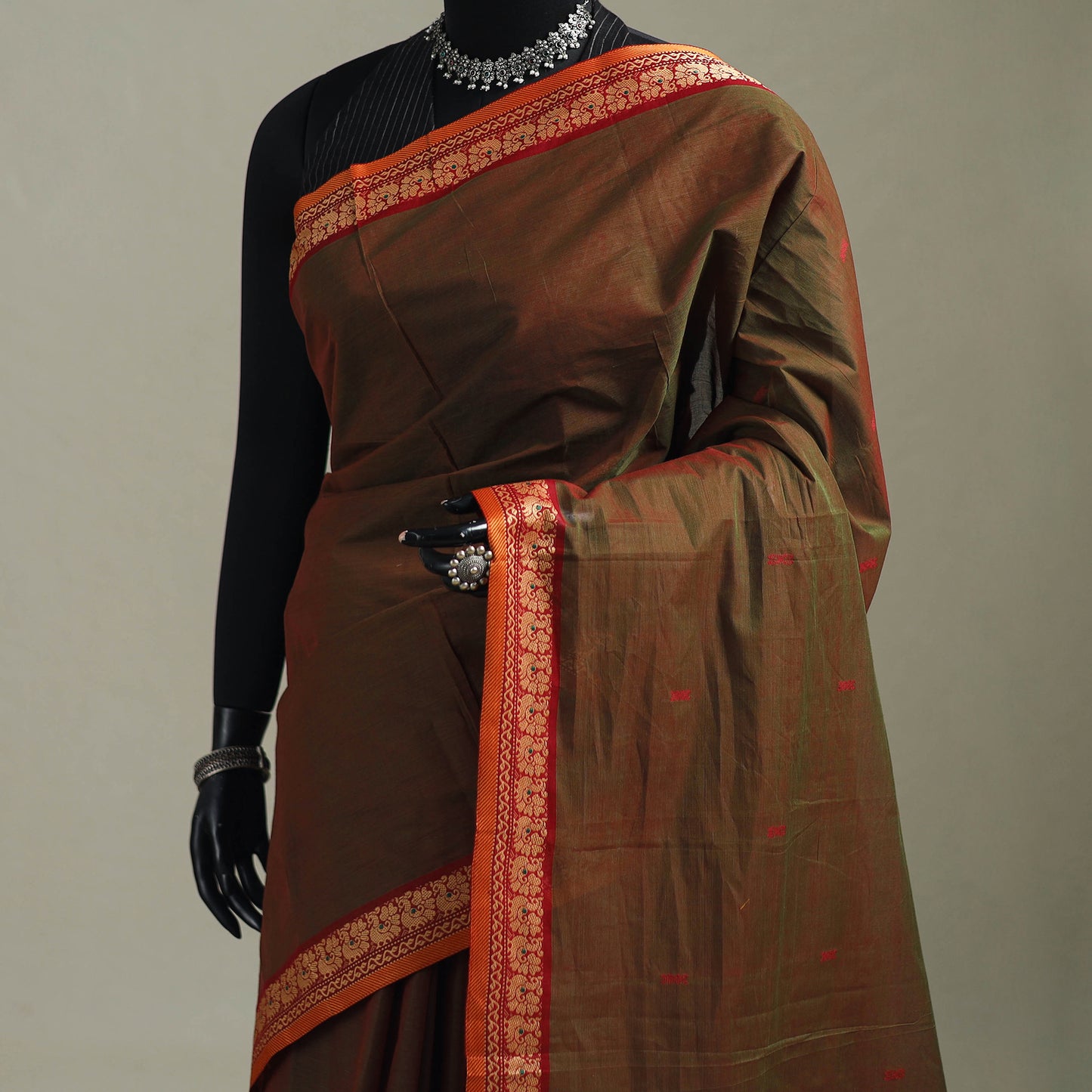 Brown - Kanchipuram Buti Cotton Saree with Border 22