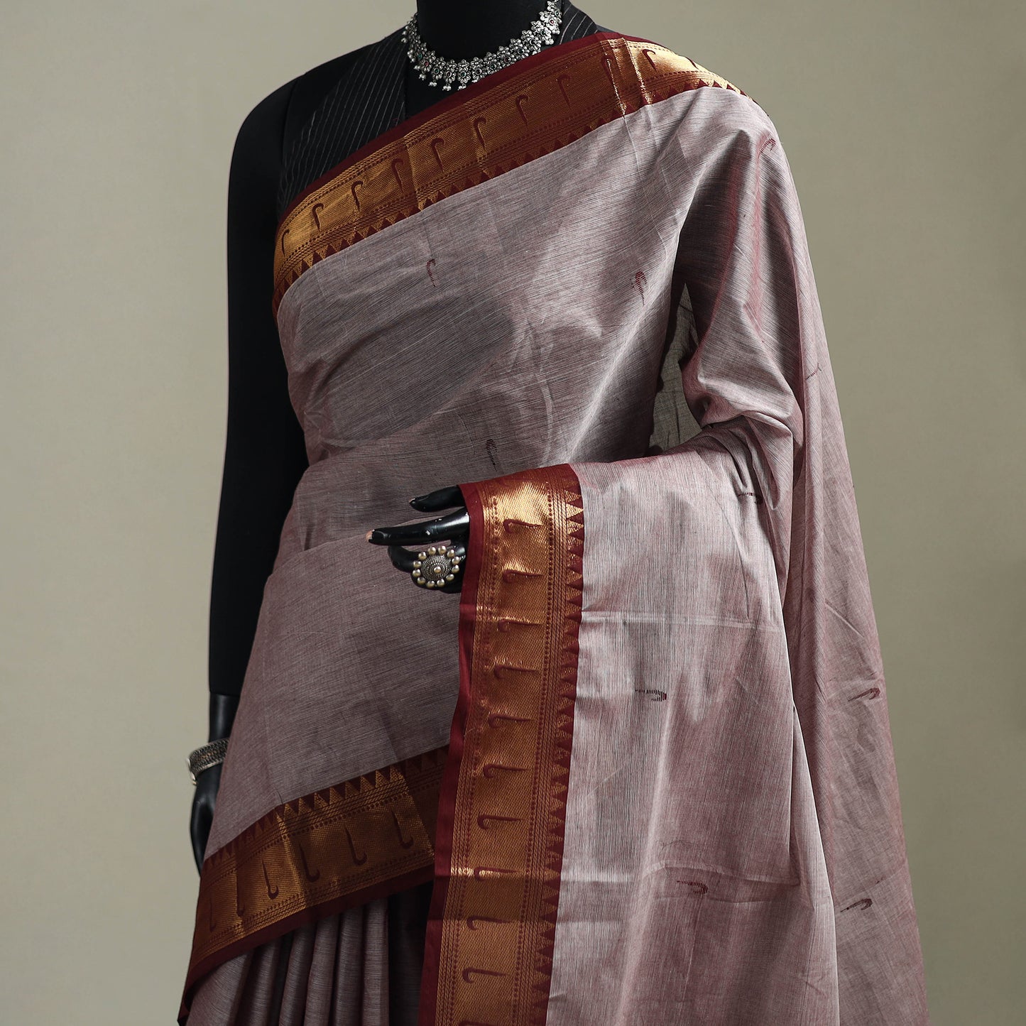 Brown - Kanchipuram Buti Cotton Saree with Border 29