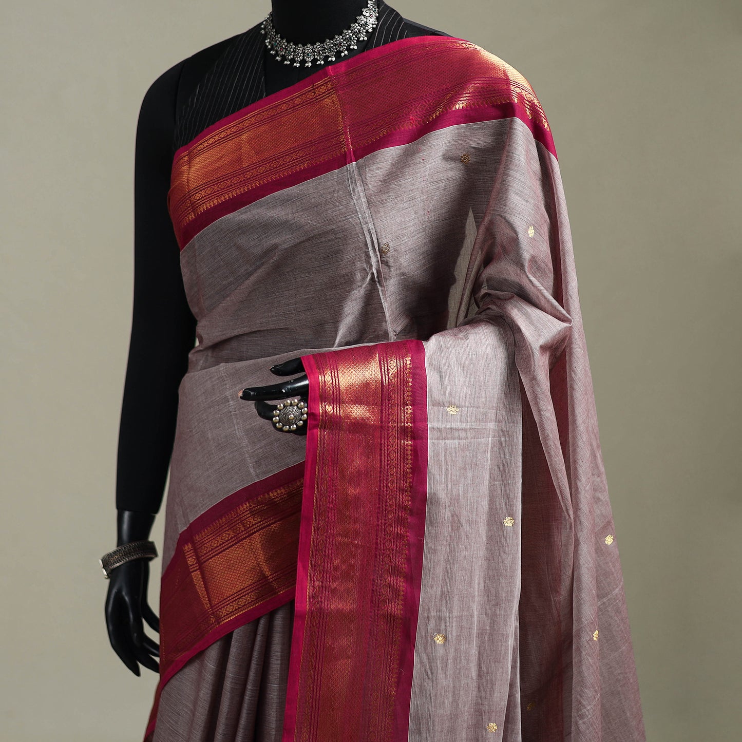 Brown - Kanchipuram Buti Cotton Saree with Border 30