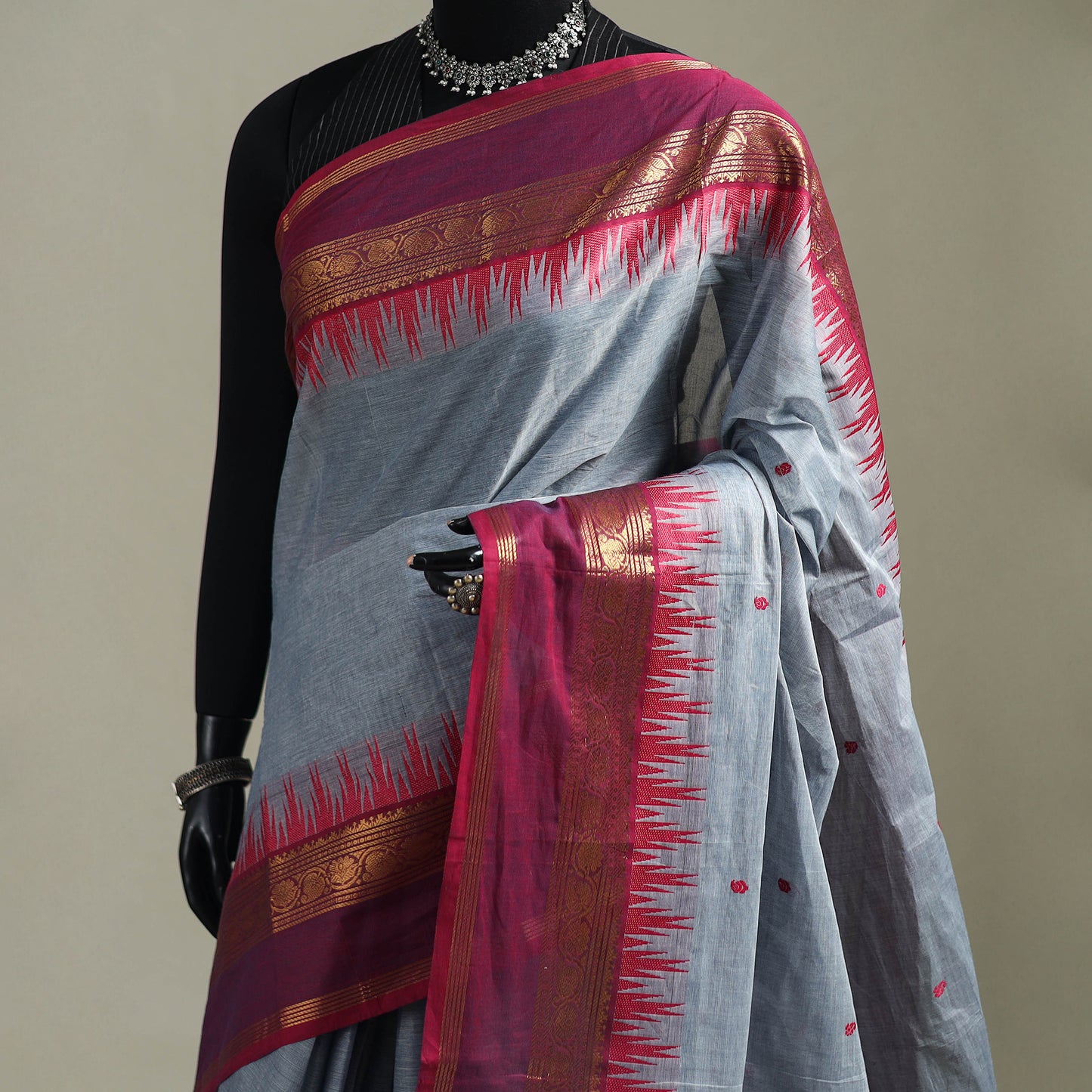 Grey - Kanchipuram Buti Cotton Saree with Border 32