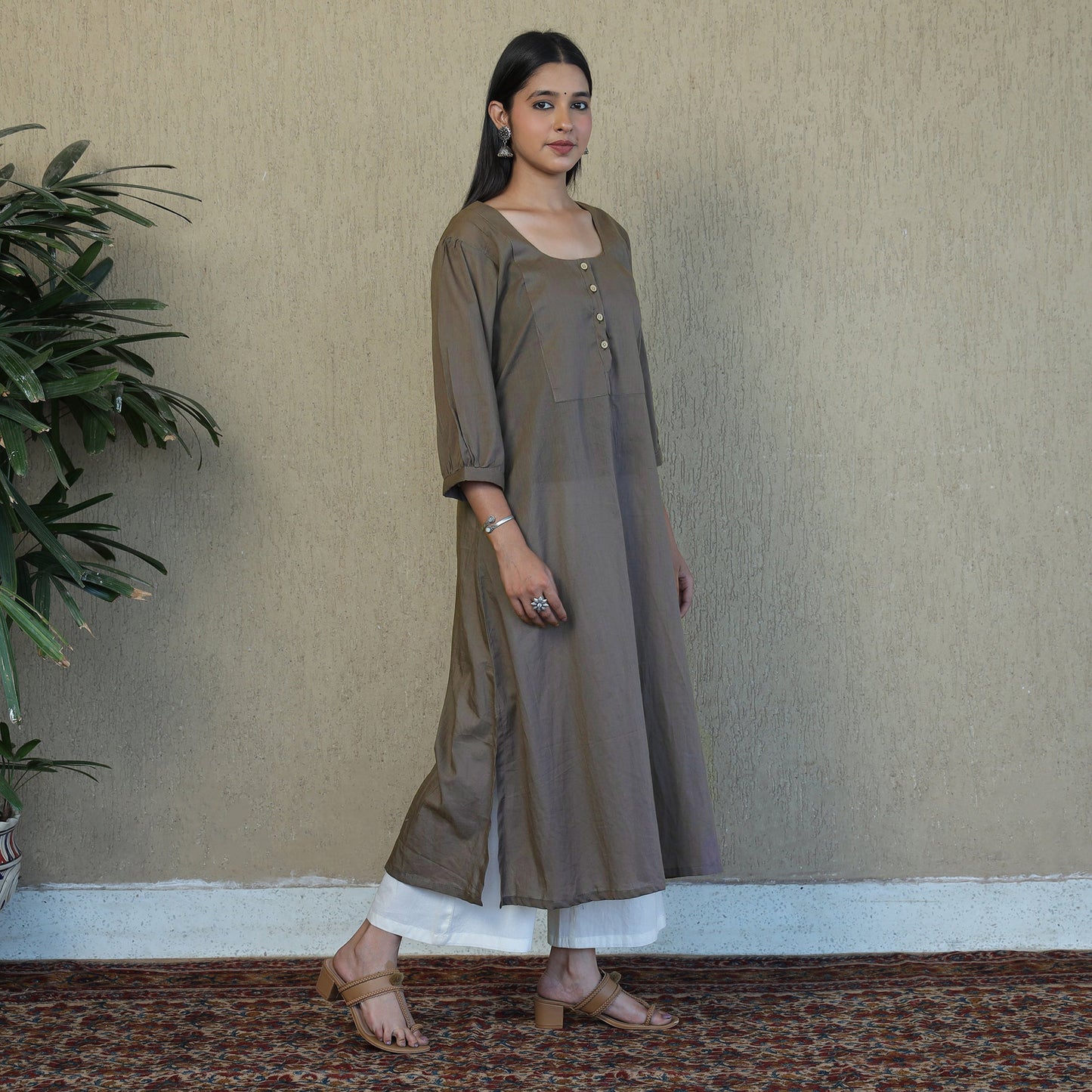 Light Brown - Mulmalai Cotton Plain Dyed A-Line Kurta