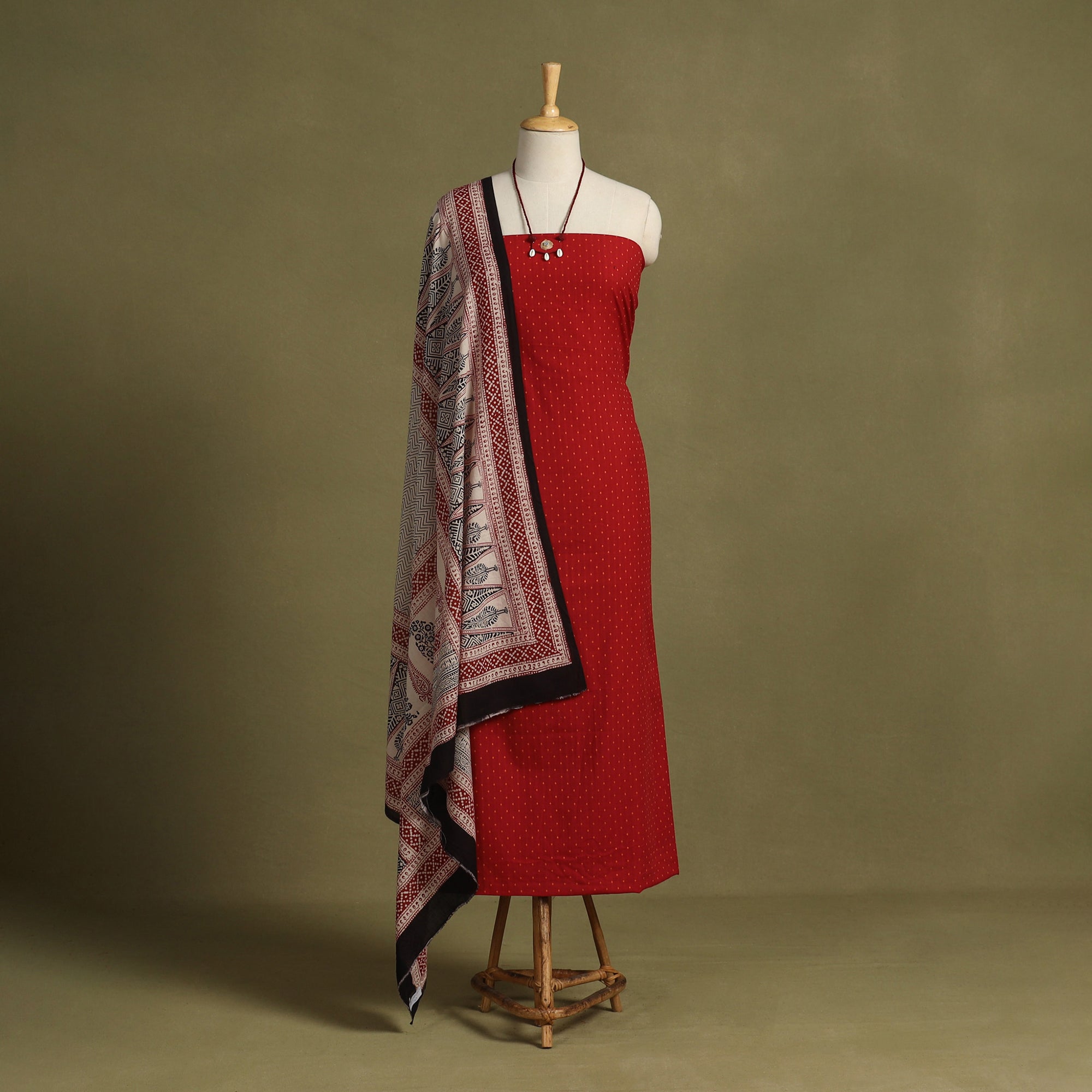 Red - Hand Block Batik Print Cotton 2pc Unstitched Dress Material with Jewellery Set 01