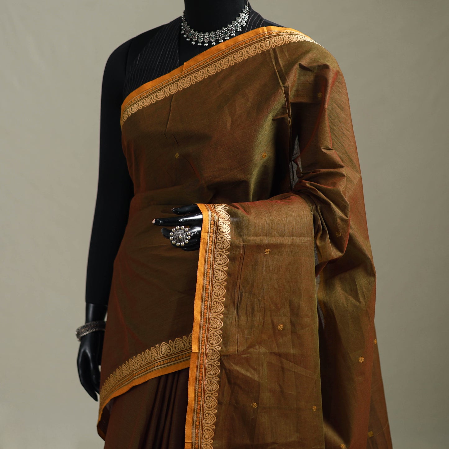 Brown - Kanchipuram Buti Cotton Saree with Border 54