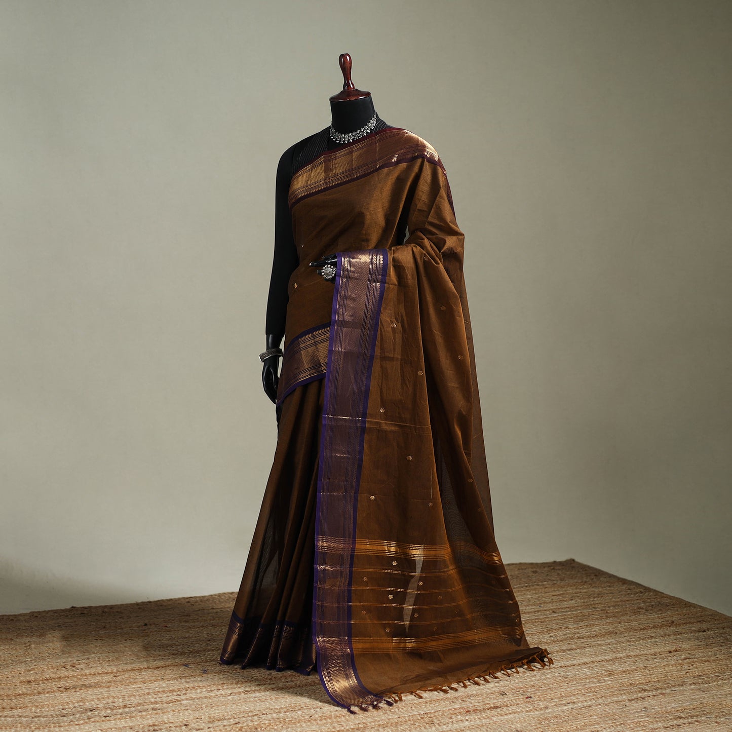 Brown - Kanchipuram Buti Cotton Saree with Border 55