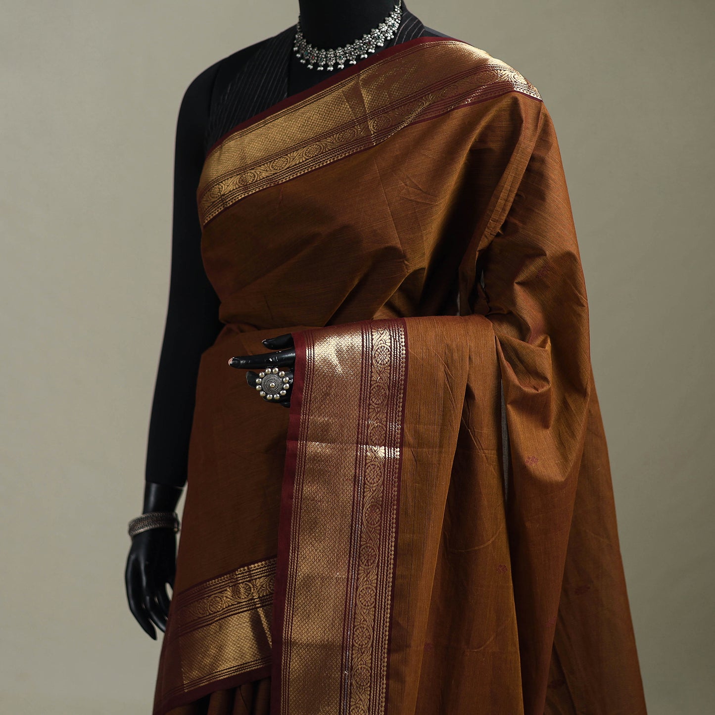 Brown - Kanchipuram Buti Cotton Saree with Border 56