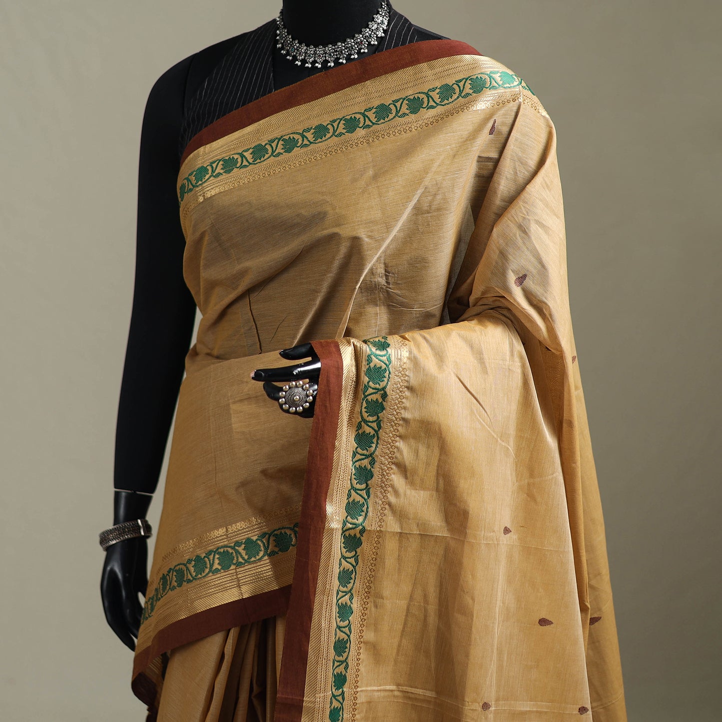 Beige - Kanchipuram Buti Cotton Saree with Border 69