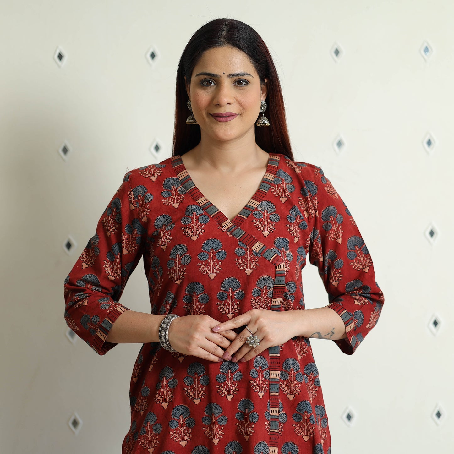 Red with Flower - Ajrakh Hand Block Printed Cotton Straight Kurta