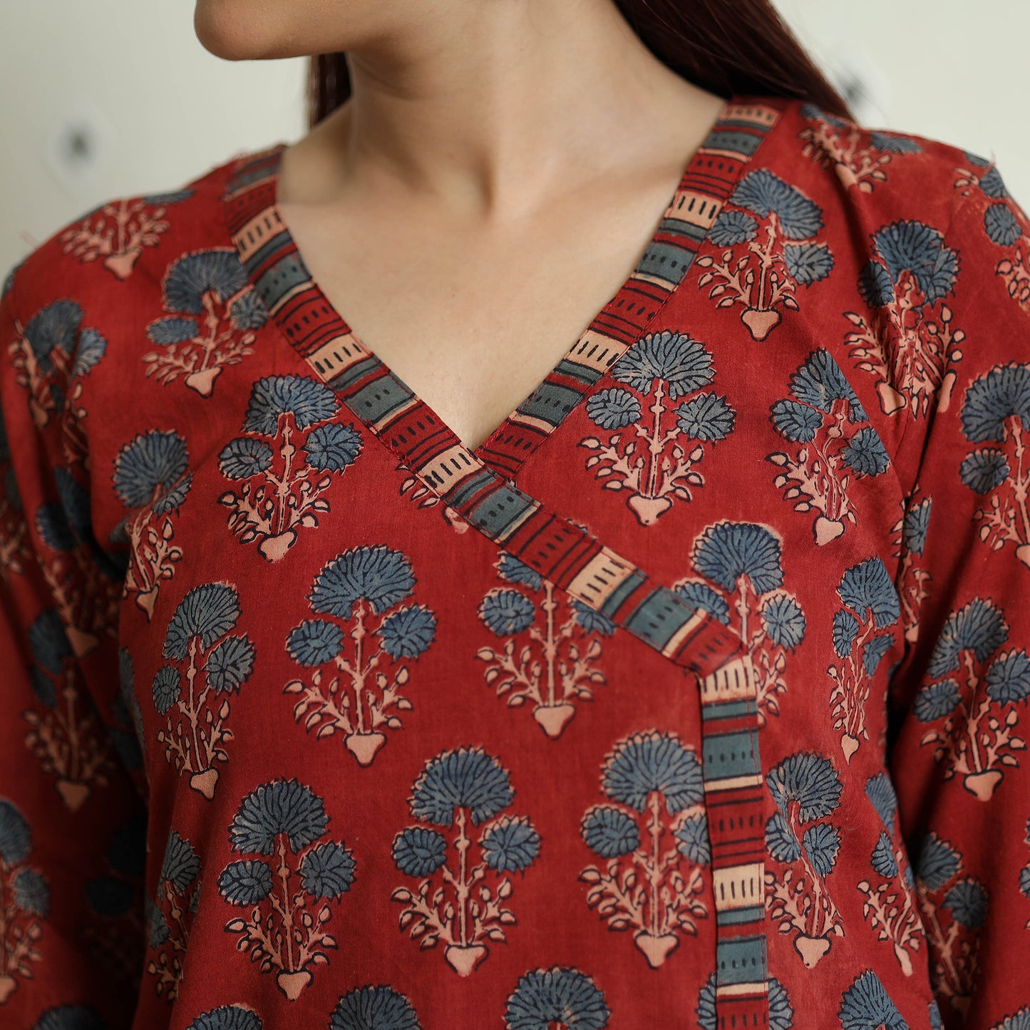 Red with Flower - Ajrakh Hand Block Printed Cotton Straight Kurta