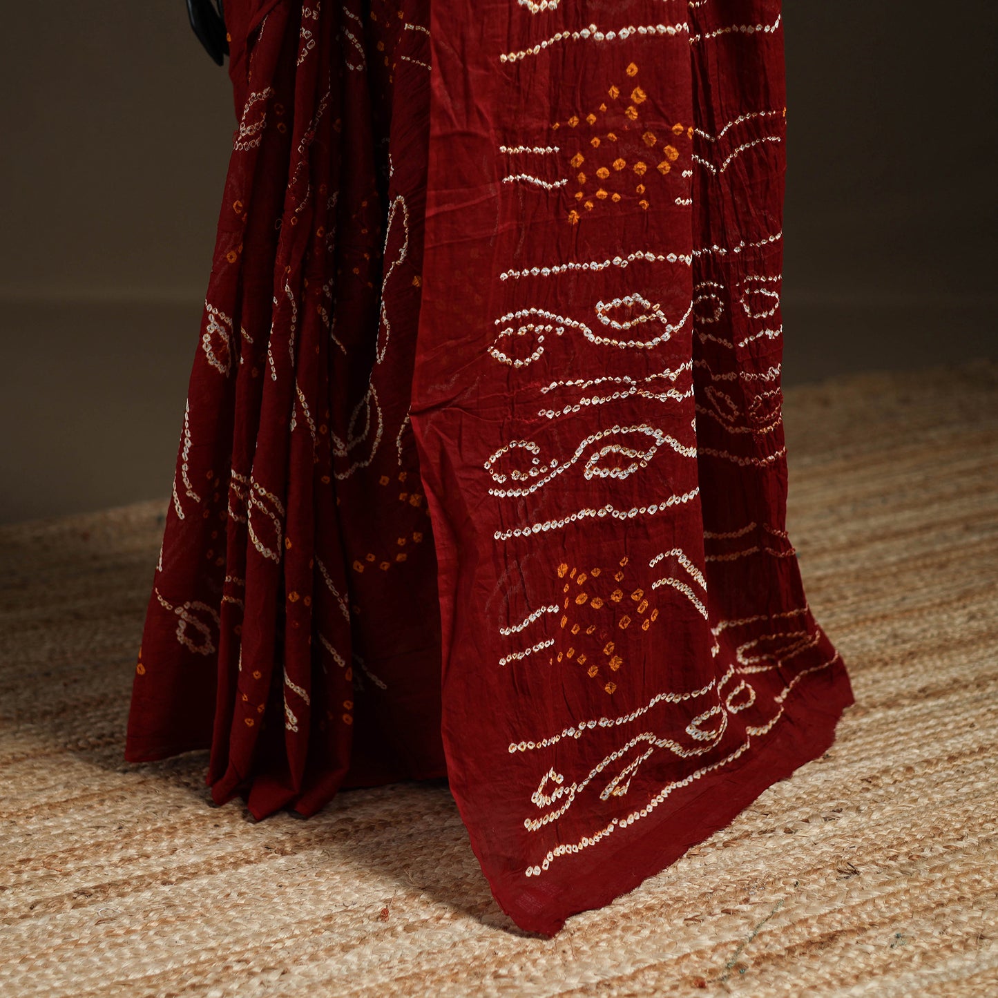 Maroon - Kutch Tie-Dye Pure Mul Cotton Rai Bandhani Saree with Blouse Piece 03