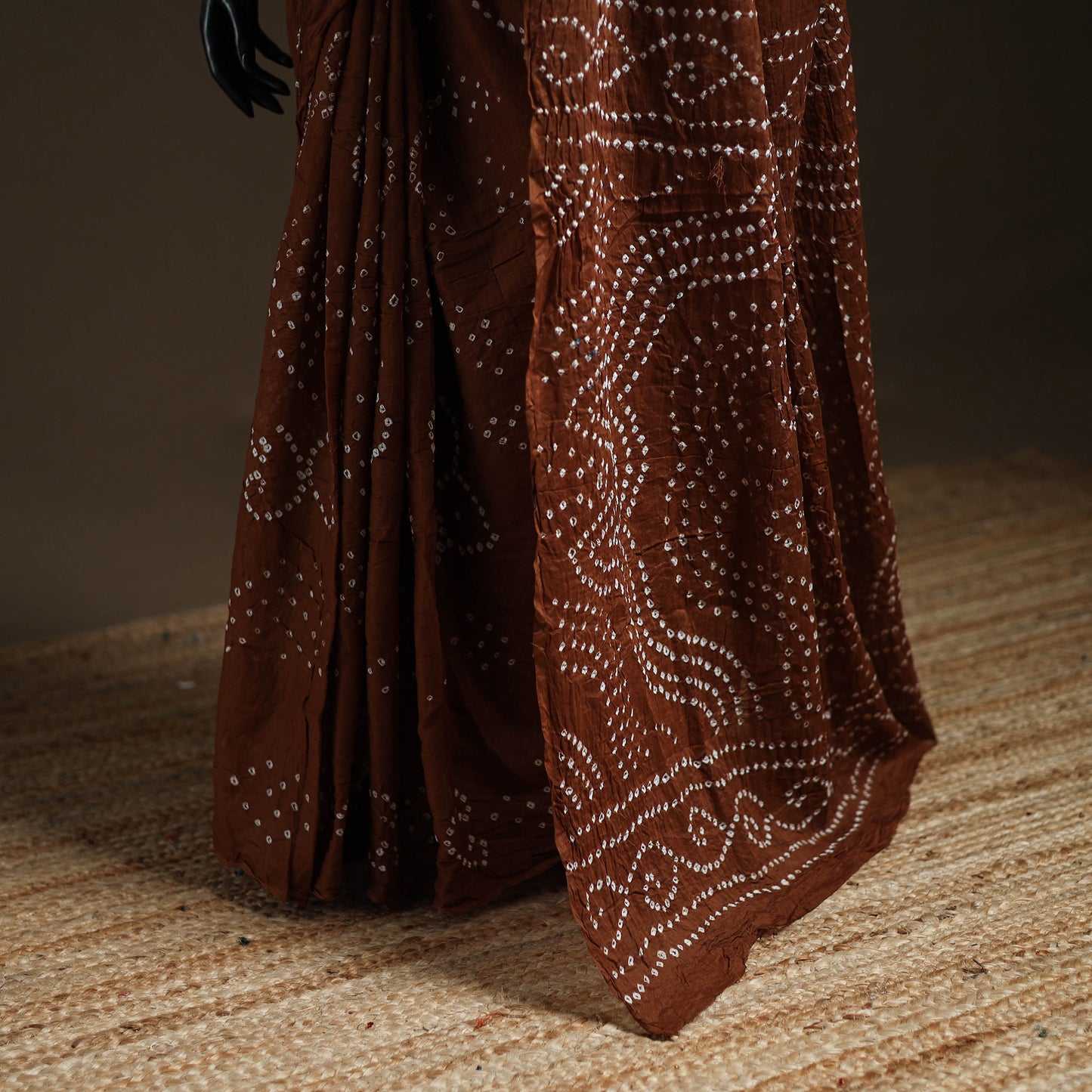 Brown - Kutch Tie-Dye Pure Mul Cotton Rai Bandhani Saree with Blouse Piece 04