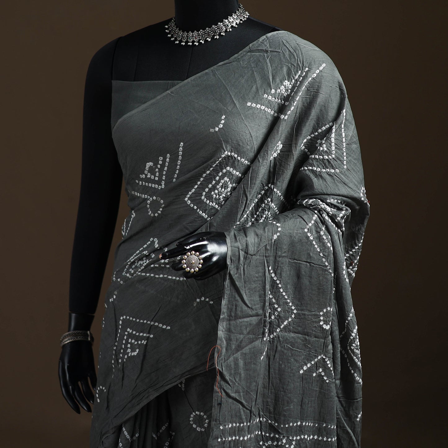 Grey - Kutch Tie-Dye Pure Mul Cotton Rai Bandhani Saree with Blouse Piece 06