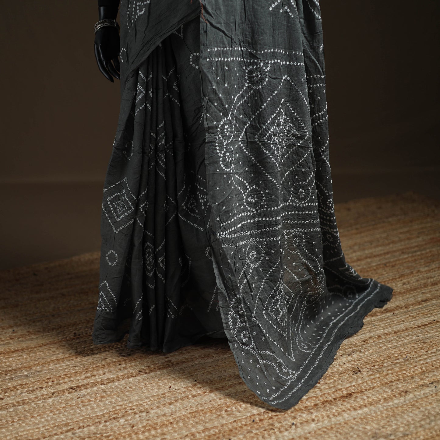 Grey - Kutch Tie-Dye Pure Mul Cotton Rai Bandhani Saree with Blouse Piece 06