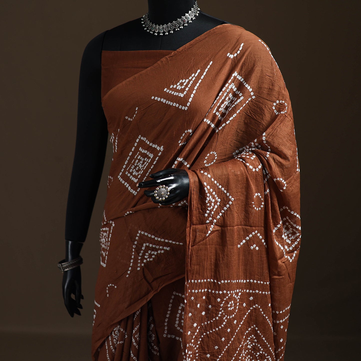 Brown - Kutch Tie-Dye Pure Mul Cotton Rai Bandhani Saree with Blouse Piece 14