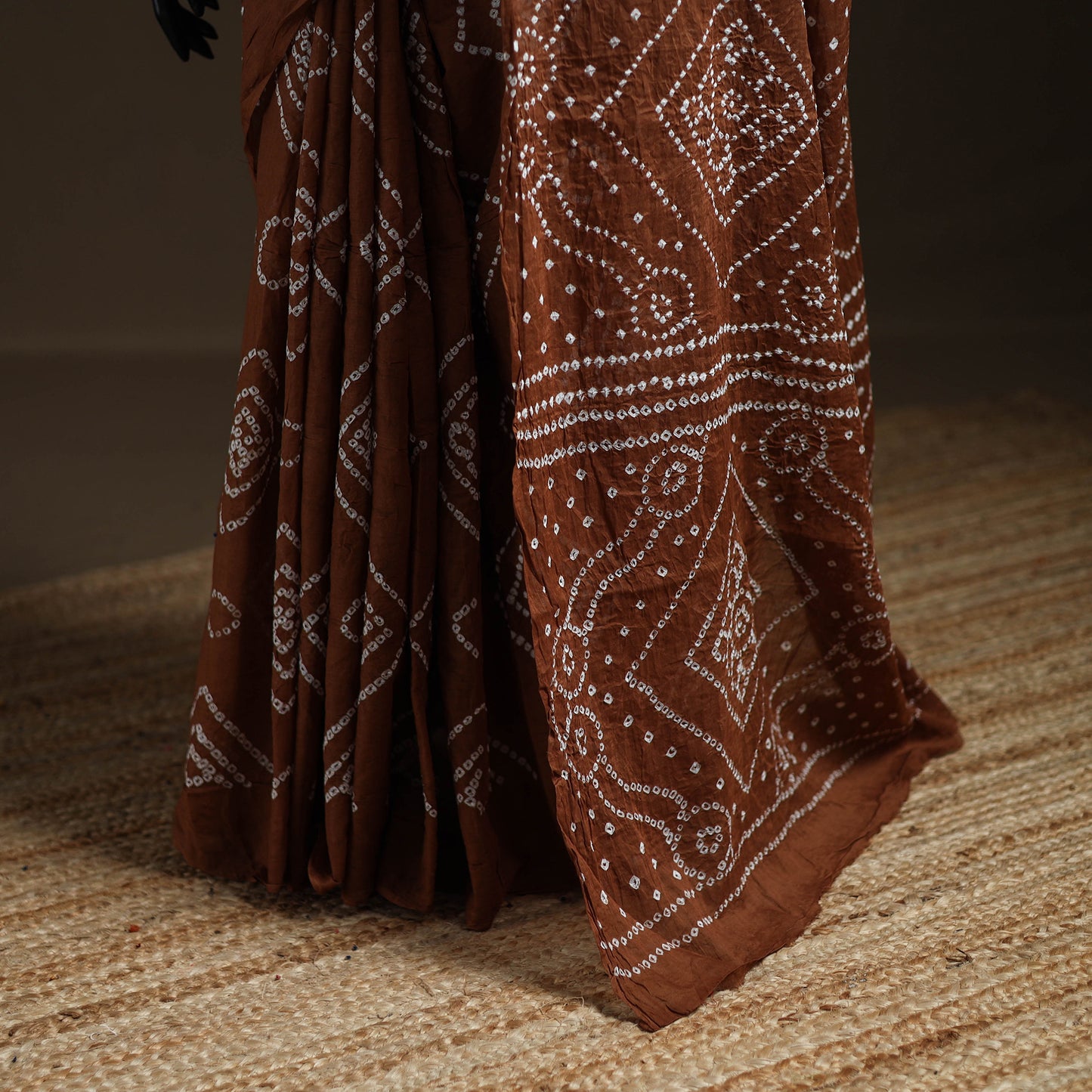 Brown - Kutch Tie-Dye Pure Mul Cotton Rai Bandhani Saree with Blouse Piece 14