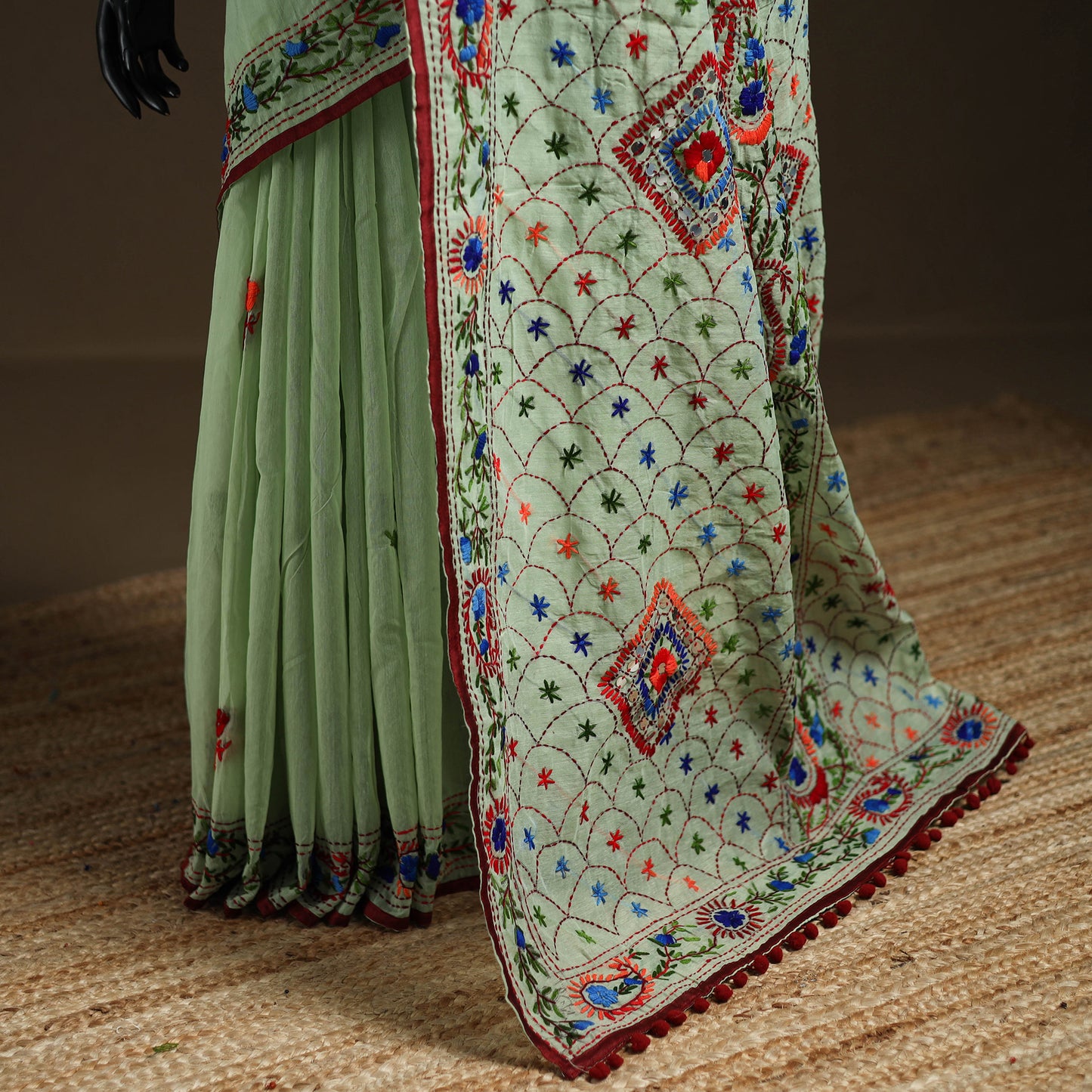 Green - Phulkari Hand Embroidery Chapa Work Chanderi Silk Saree 04