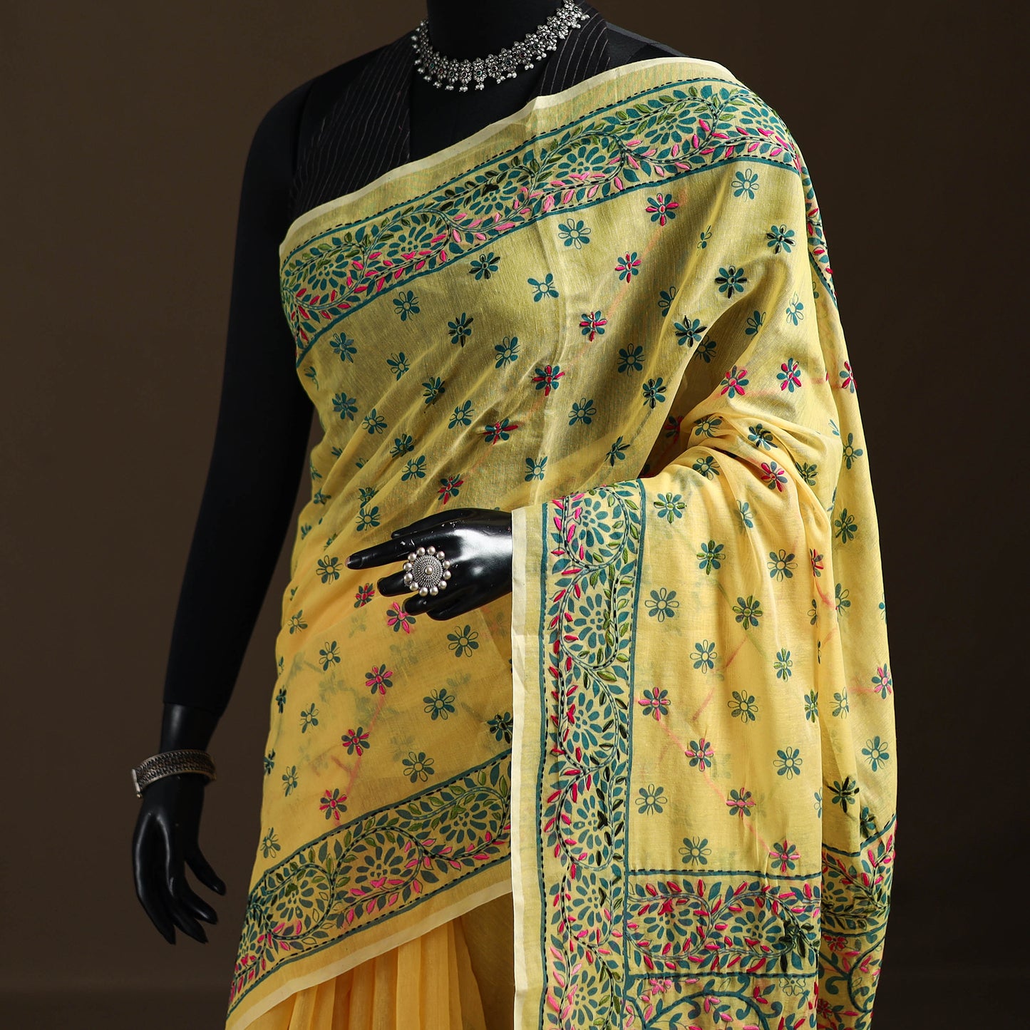 Yellow - Phulkari Hand Embroidery Chapa Work Chanderi Silk Saree 05