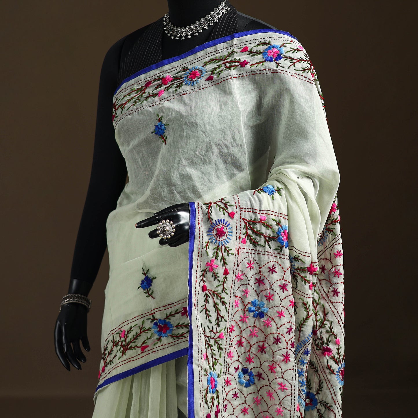 Green - Phulkari Hand Embroidery Chapa Work Chanderi Silk Saree 07