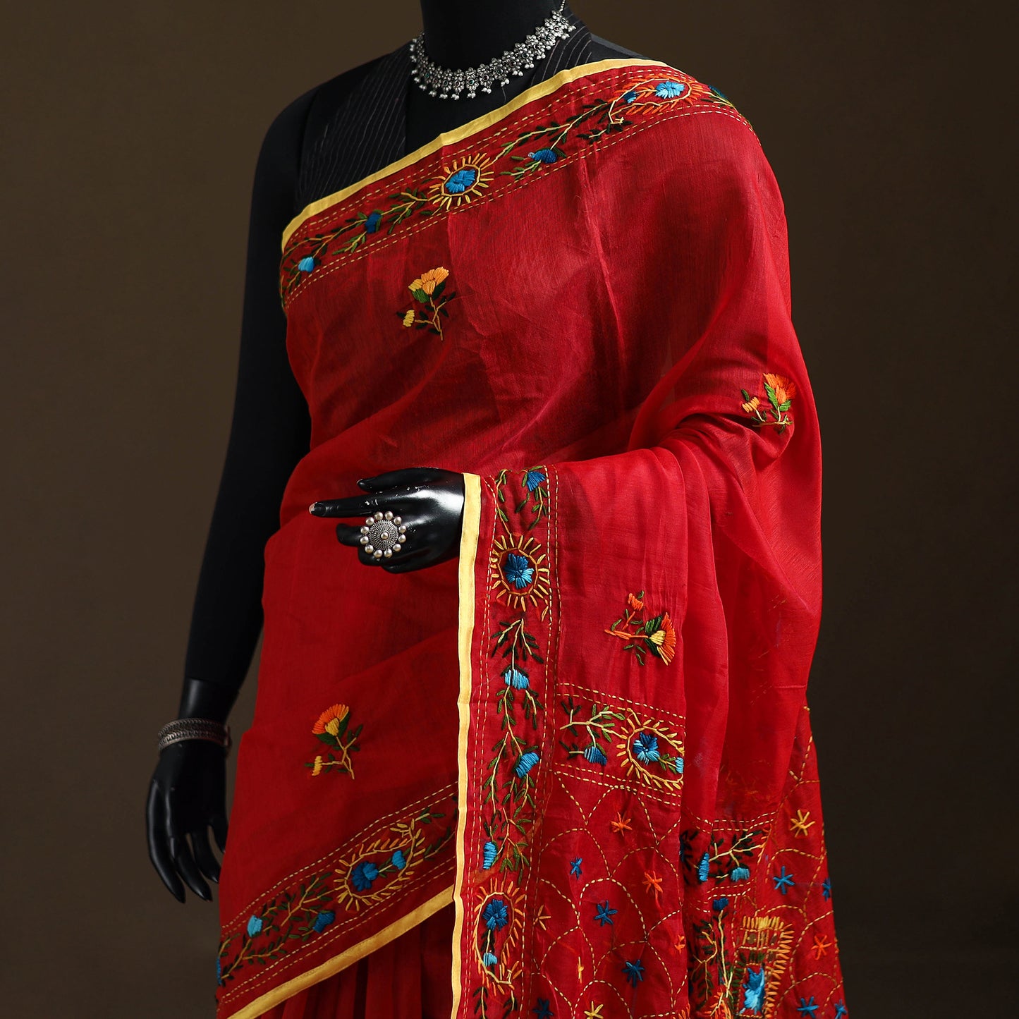 Red - Phulkari Hand Embroidery Chapa Work Chanderi Silk Saree 12