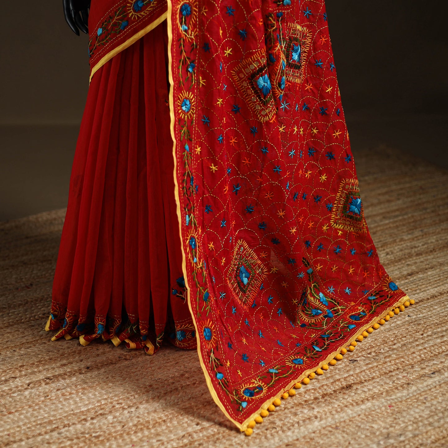 Red - Phulkari Hand Embroidery Chapa Work Chanderi Silk Saree 12