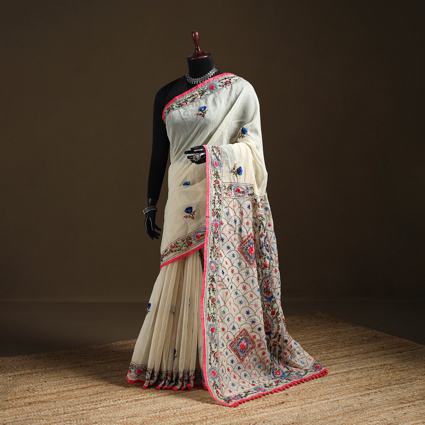 Beige - Phulkari Hand Embroidery Chapa Work Chanderi Silk Saree 13