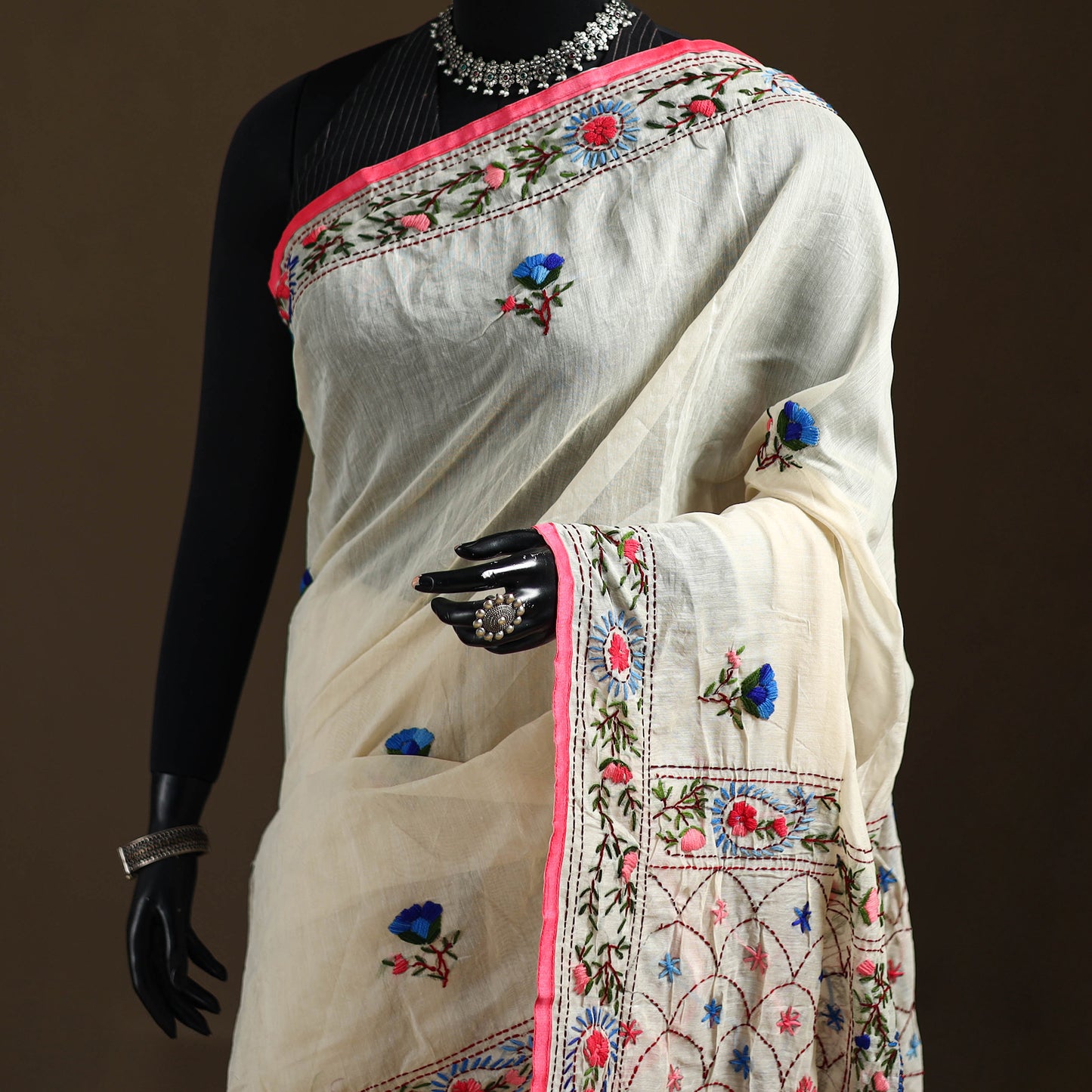 Beige - Phulkari Hand Embroidery Chapa Work Chanderi Silk Saree 13