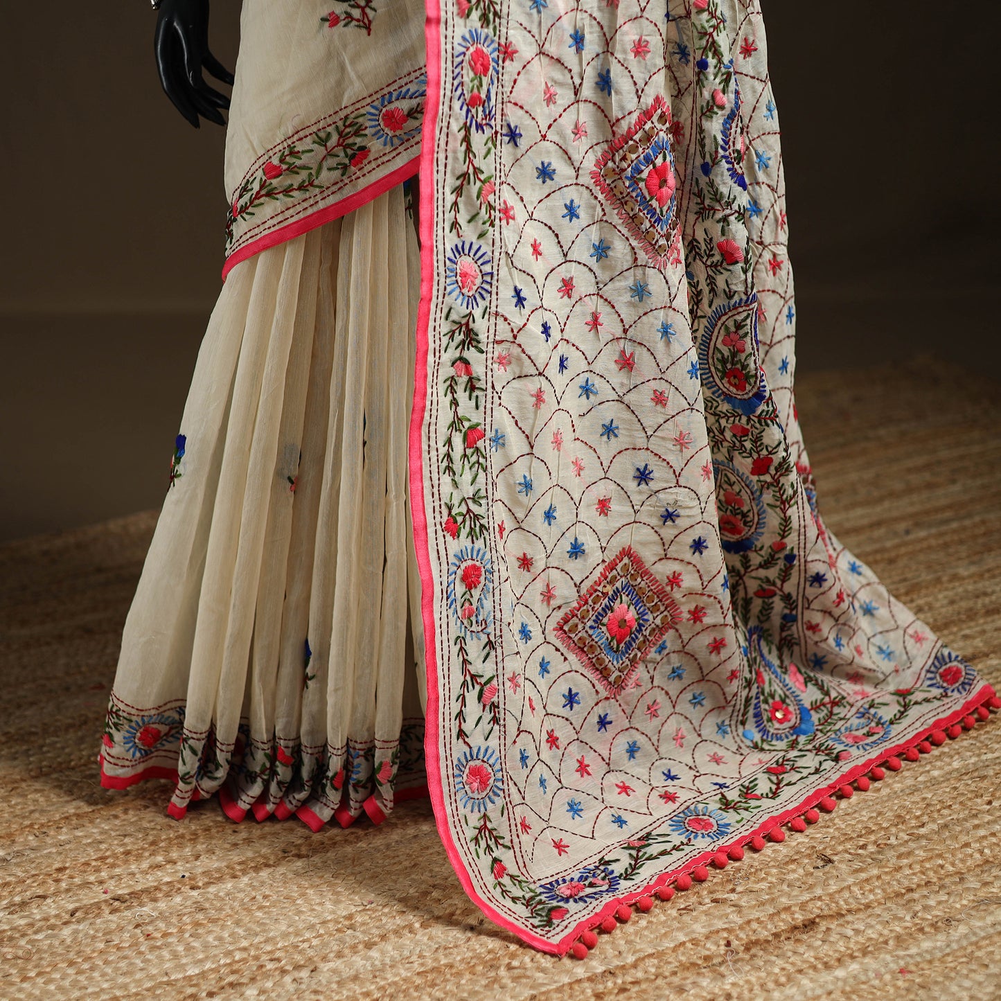 Beige - Phulkari Hand Embroidery Chapa Work Chanderi Silk Saree 13
