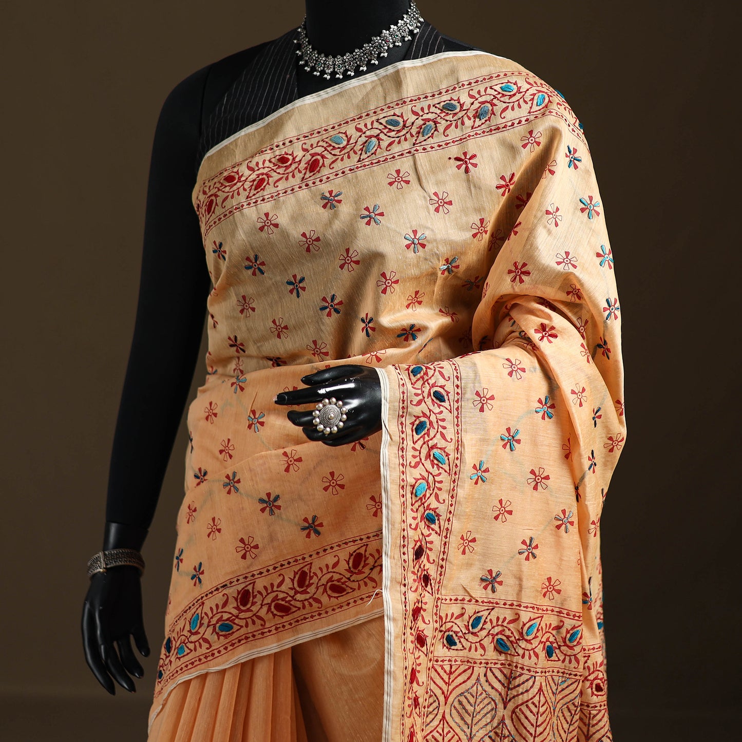 Peach - Phulkari Hand Embroidery Chapa Work Chanderi Silk Saree 15