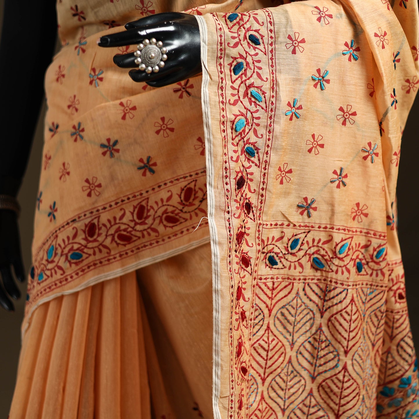Peach - Phulkari Hand Embroidery Chapa Work Chanderi Silk Saree 15