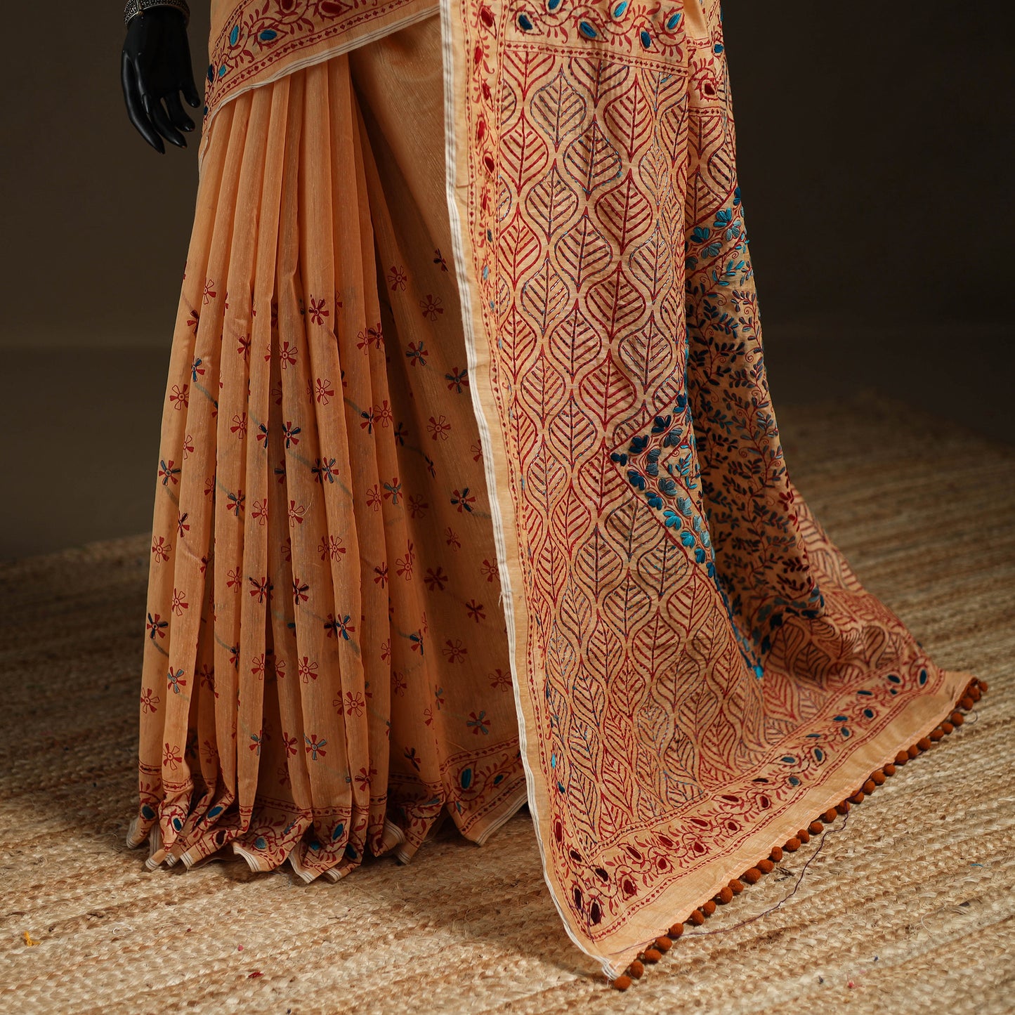 Peach - Phulkari Hand Embroidery Chapa Work Chanderi Silk Saree 15