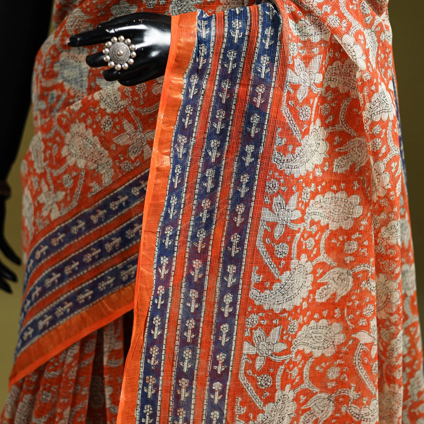 Orange - Sanganeri Hand Block Print Kota Doria Cotton Saree 01