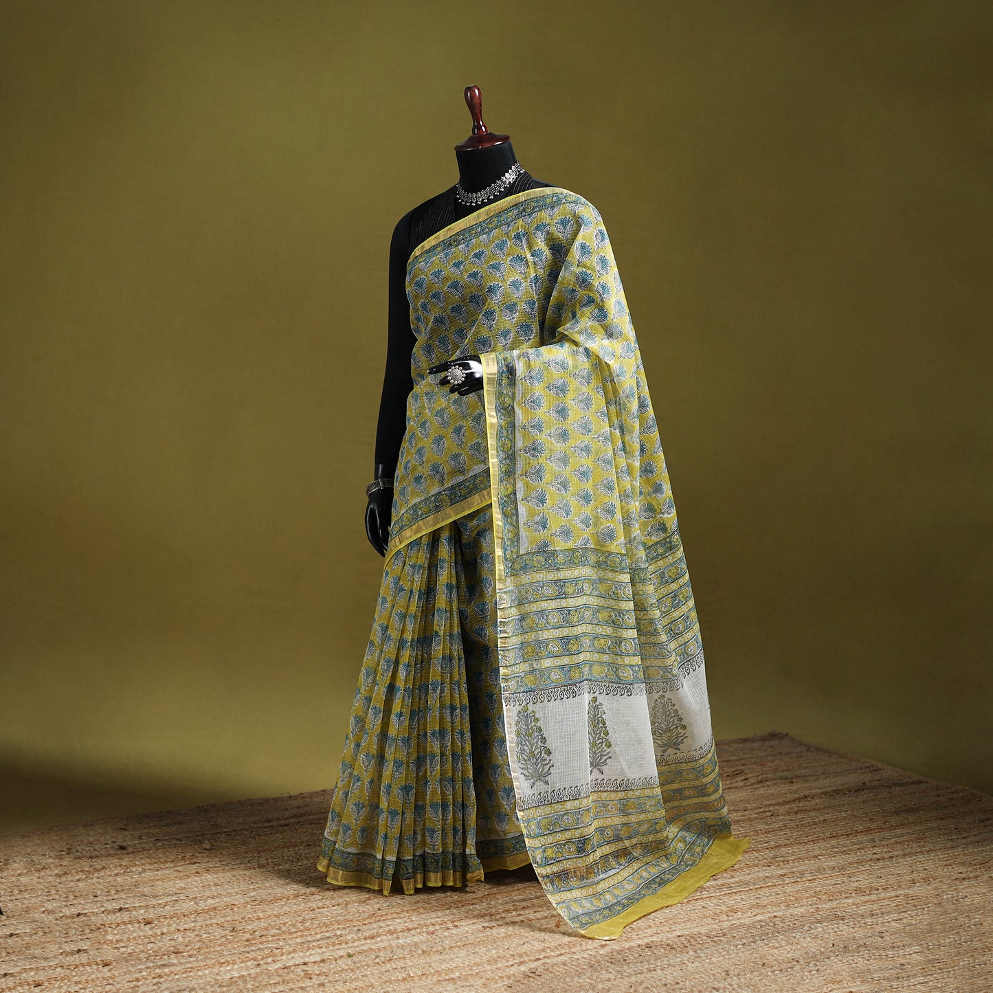 Yellow - Sanganeri Hand Block Print Kota Doria Cotton Saree 02
