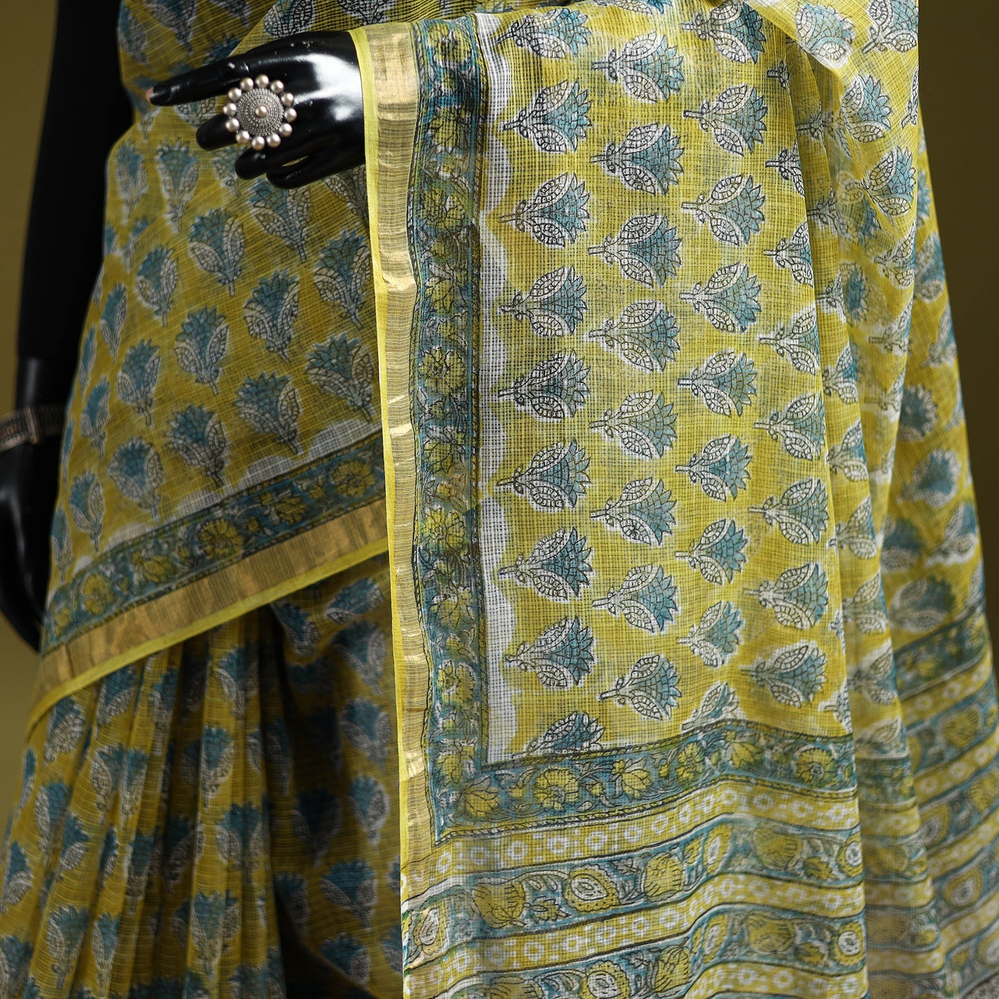 Yellow - Sanganeri Hand Block Print Kota Doria Cotton Saree 02