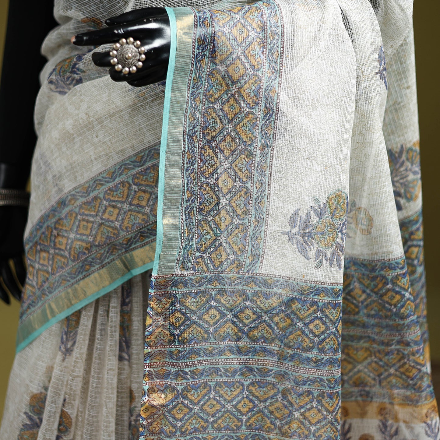 White - Sanganeri Hand Block Print Kota Doria Cotton Saree 03