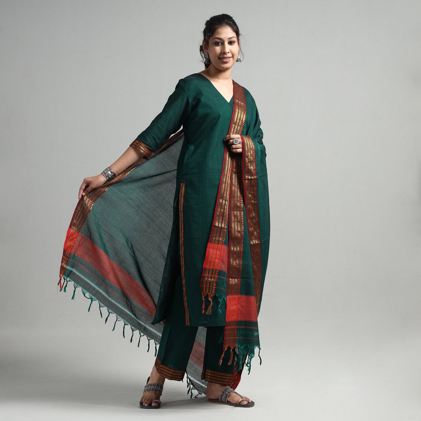 Green - Dharwad Cotton Kurta with Palazzo & Dupatta Set