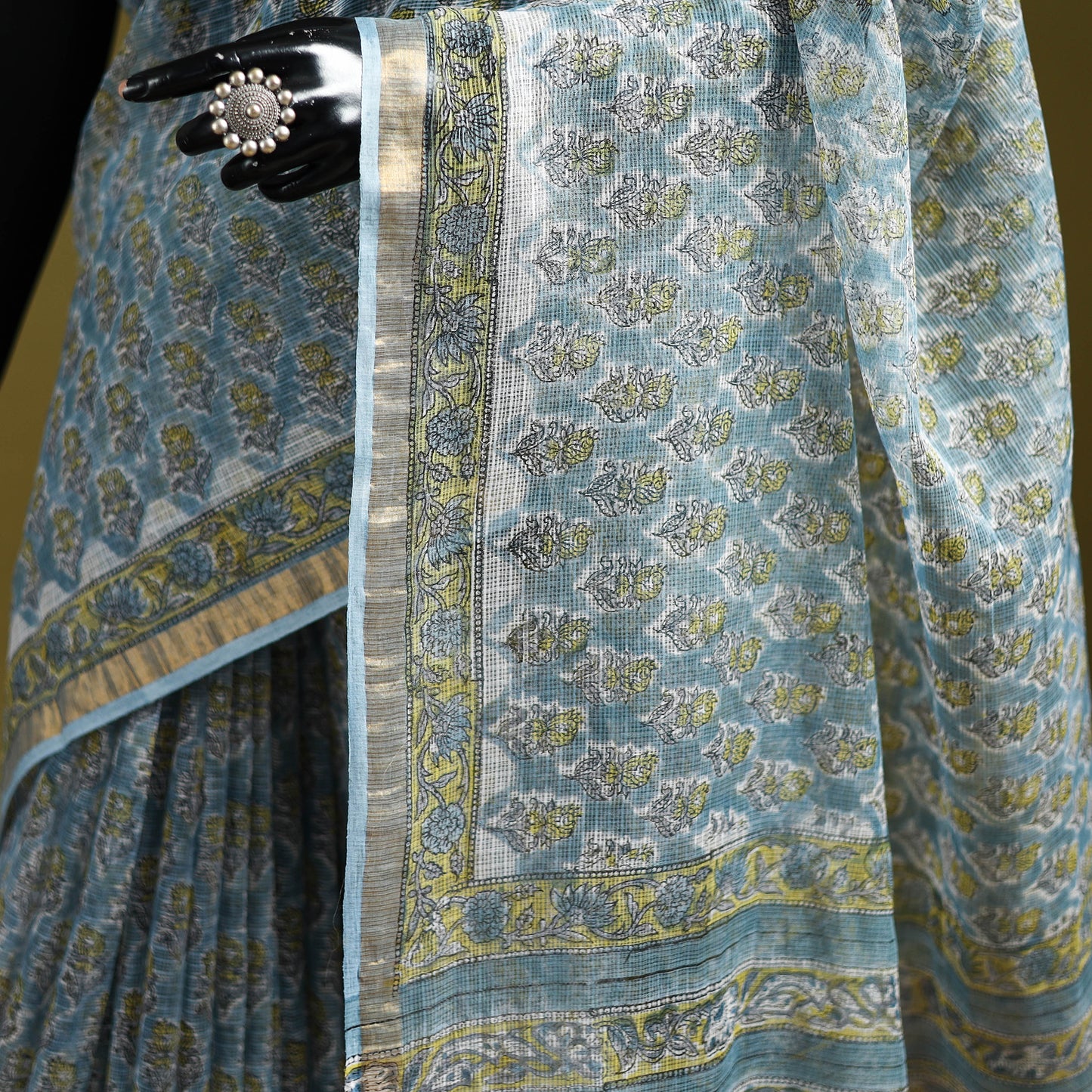 Blue - Sanganeri Hand Block Print Kota Doria Cotton Saree 04