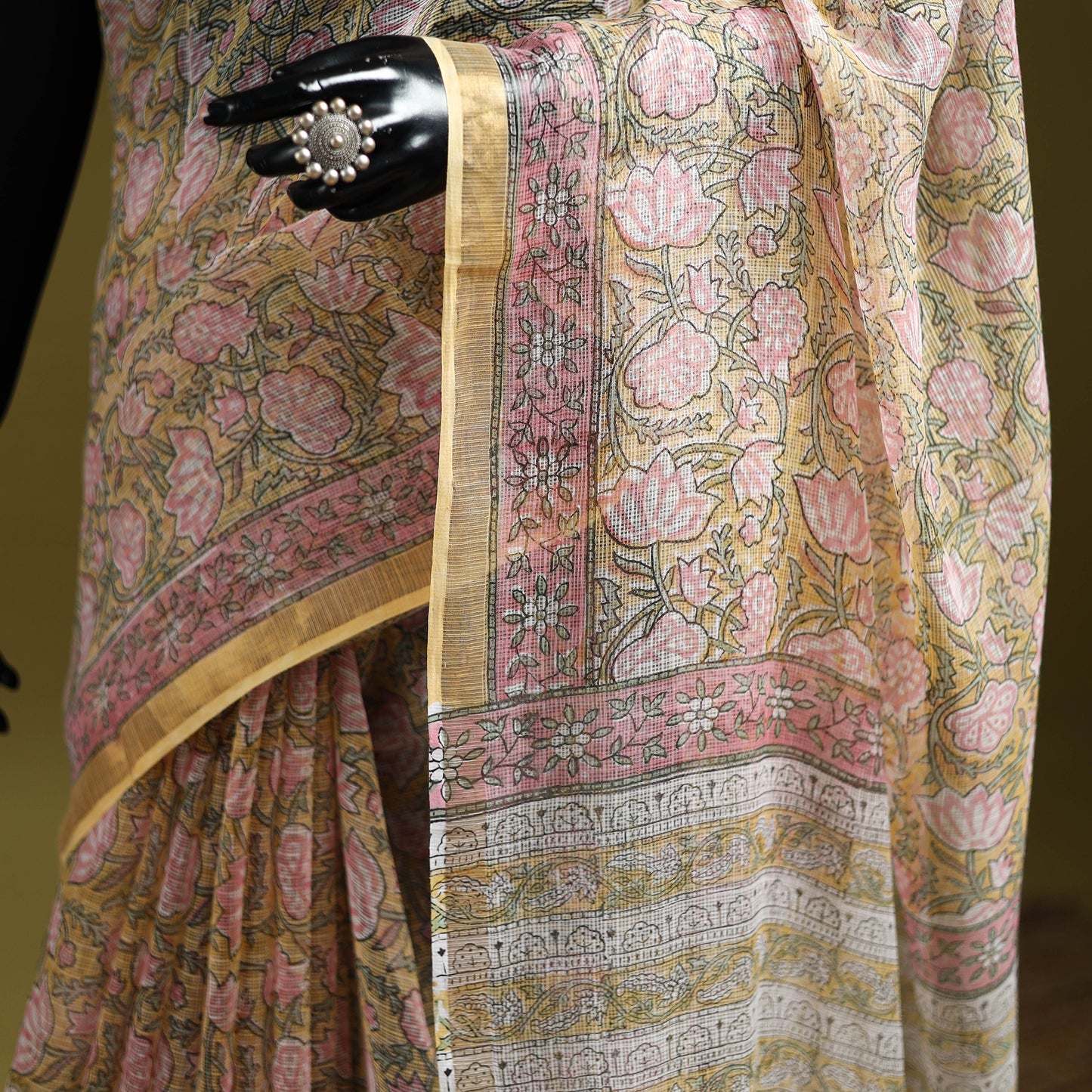 Yellow - Sanganeri Hand Block Print Kota Doria Cotton Saree 05