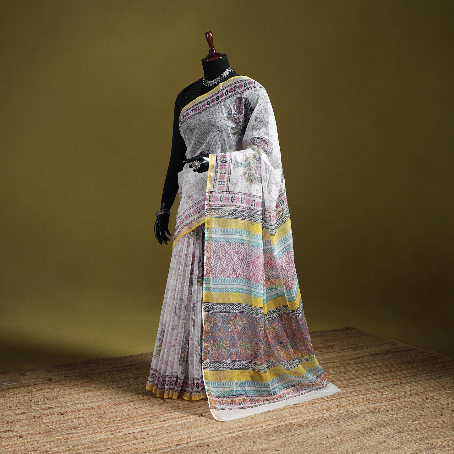 White - Sanganeri Hand Block Print Kota Doria Cotton Saree 06