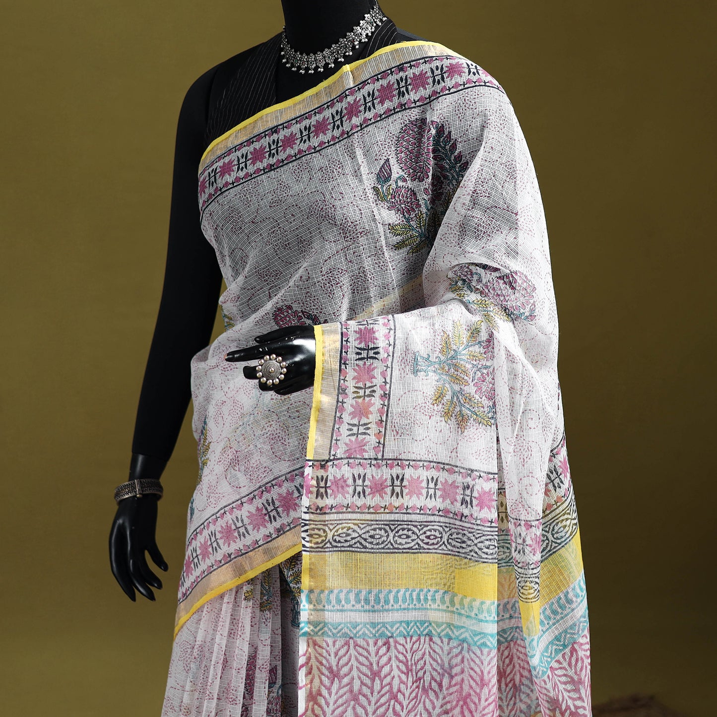 White - Sanganeri Hand Block Print Kota Doria Cotton Saree 06