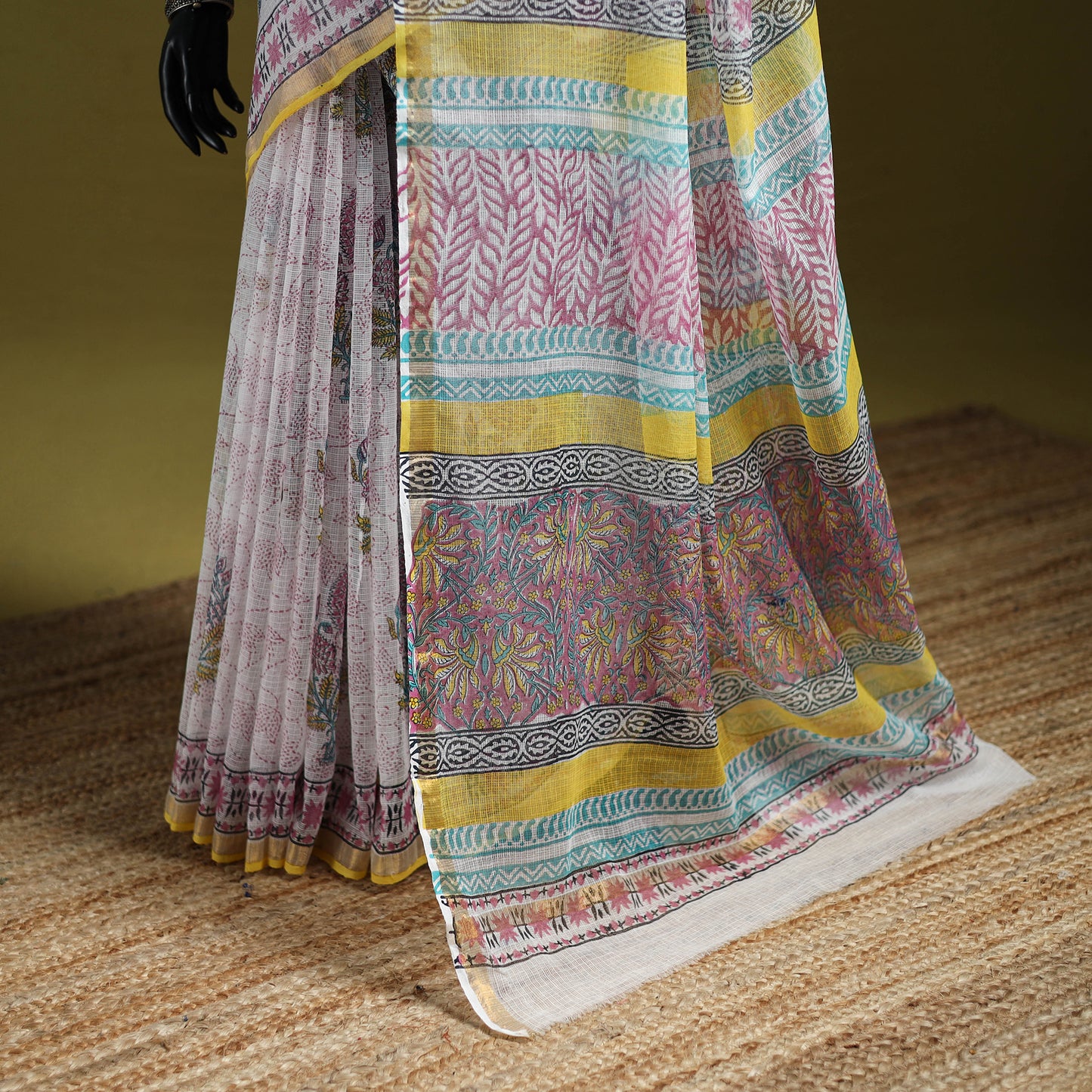 White - Sanganeri Hand Block Print Kota Doria Cotton Saree 06