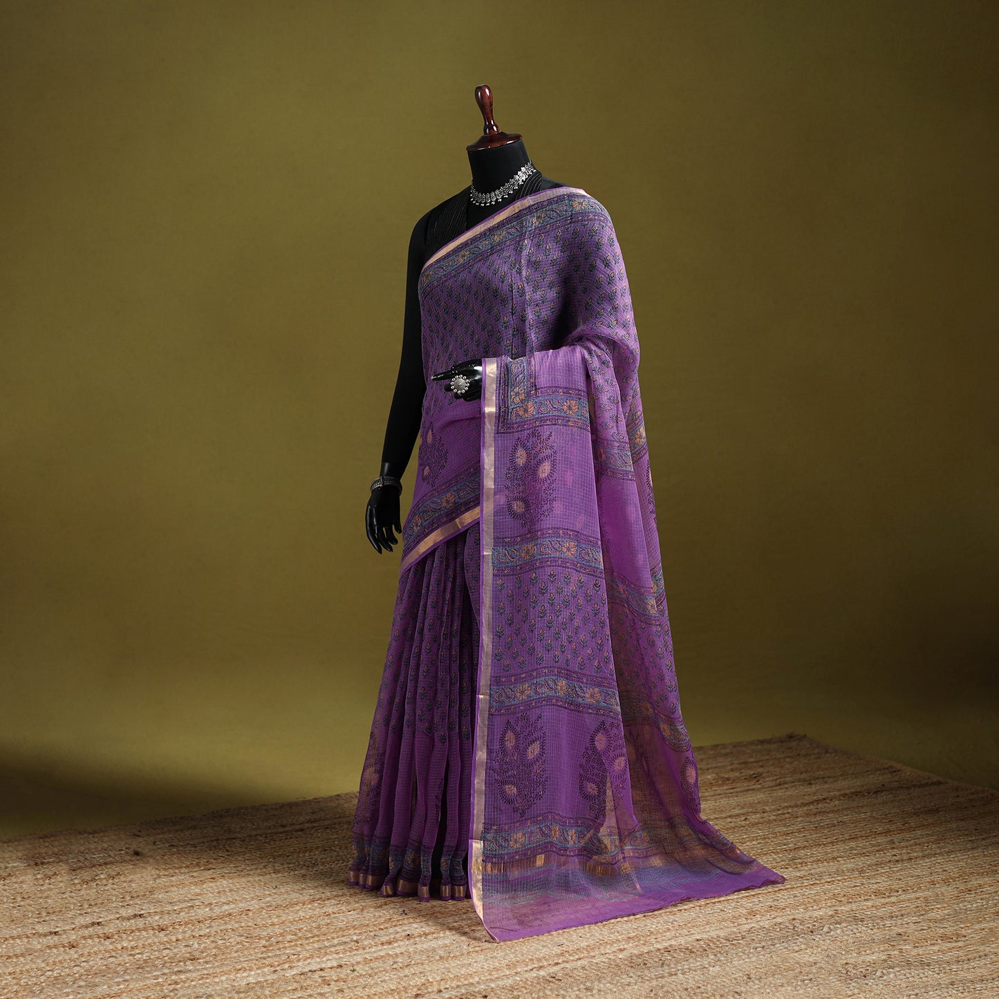 Purple - Sanganeri Hand Block Print Kota Doria Cotton Saree 07